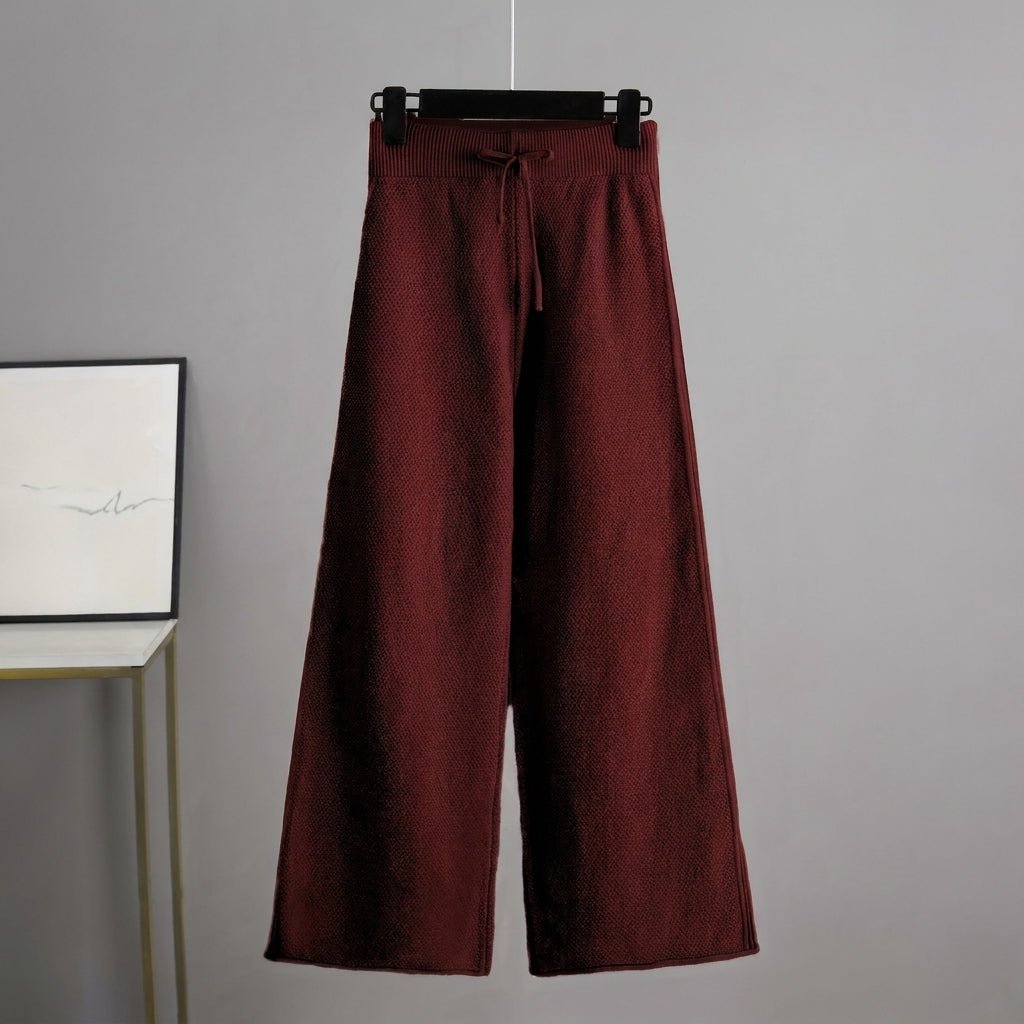 Nora - Women's Boxy Crew Neck Sweater and Wide-Leg Knit Pants Set - Loungewear Sets - Burgundy - Sarvento