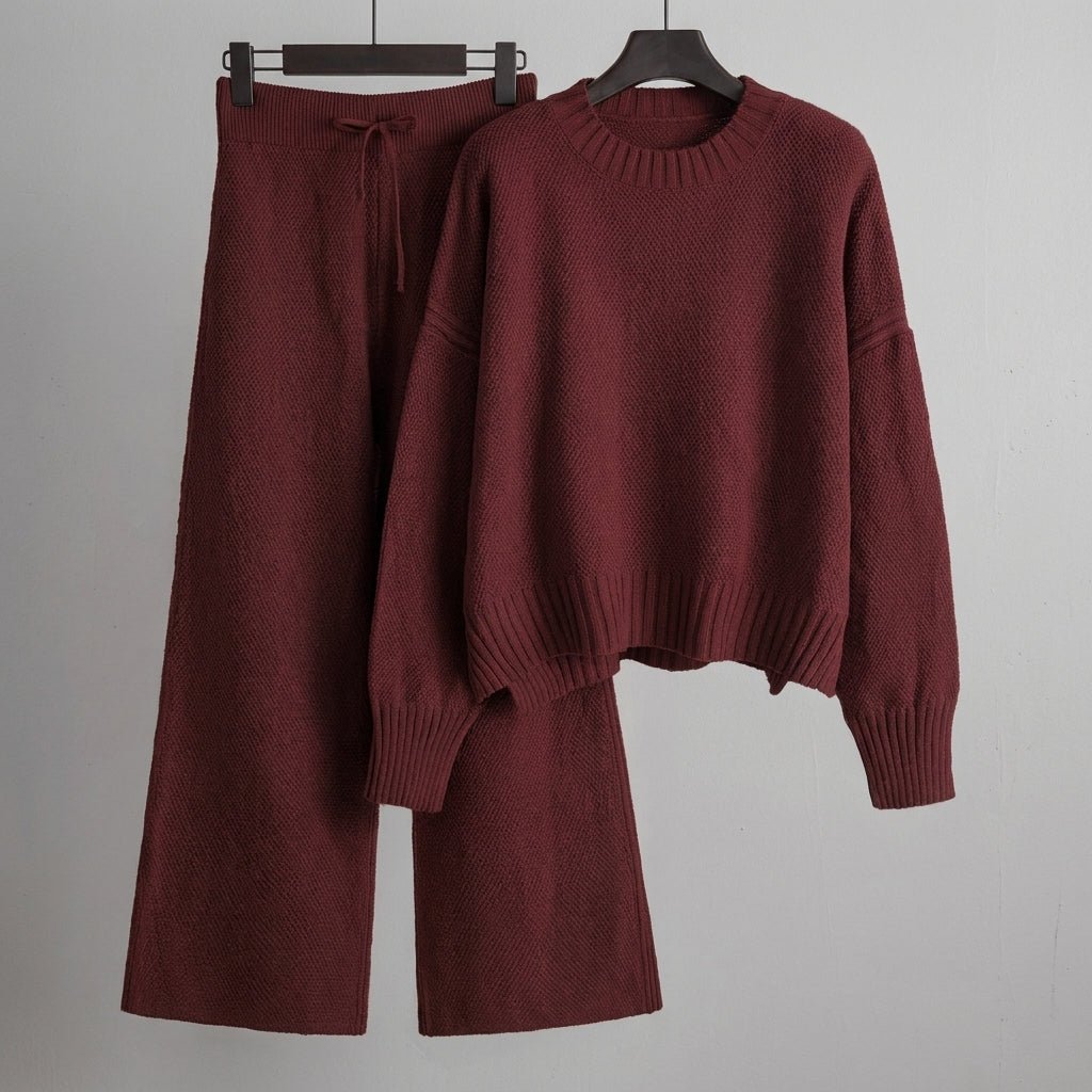 Nora - Women's Boxy Crew Neck Sweater and Wide-Leg Knit Pants Set - Loungewear Sets - Burgundy - Sarvento