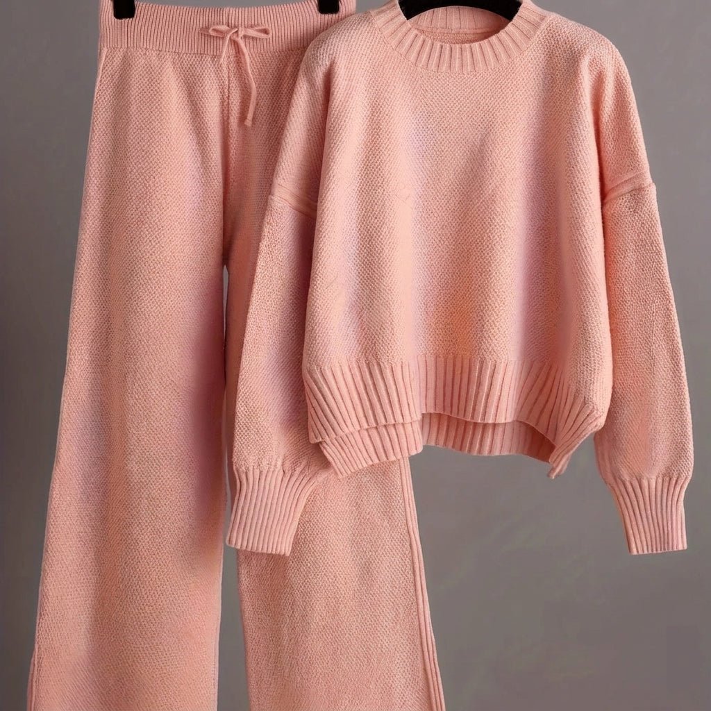Nora - Women's Boxy Crew Neck Sweater and Wide-Leg Knit Pants Set - Loungewear Sets - Pink - Sarvento