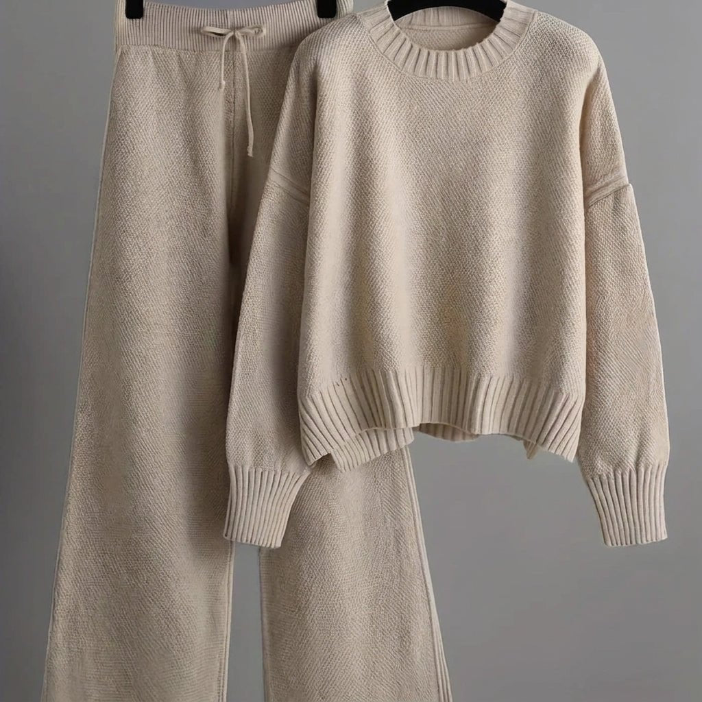 Nora - Women's Boxy Crew Neck Sweater and Wide-Leg Knit Pants Set - Loungewear Sets - Cream - Sarvento