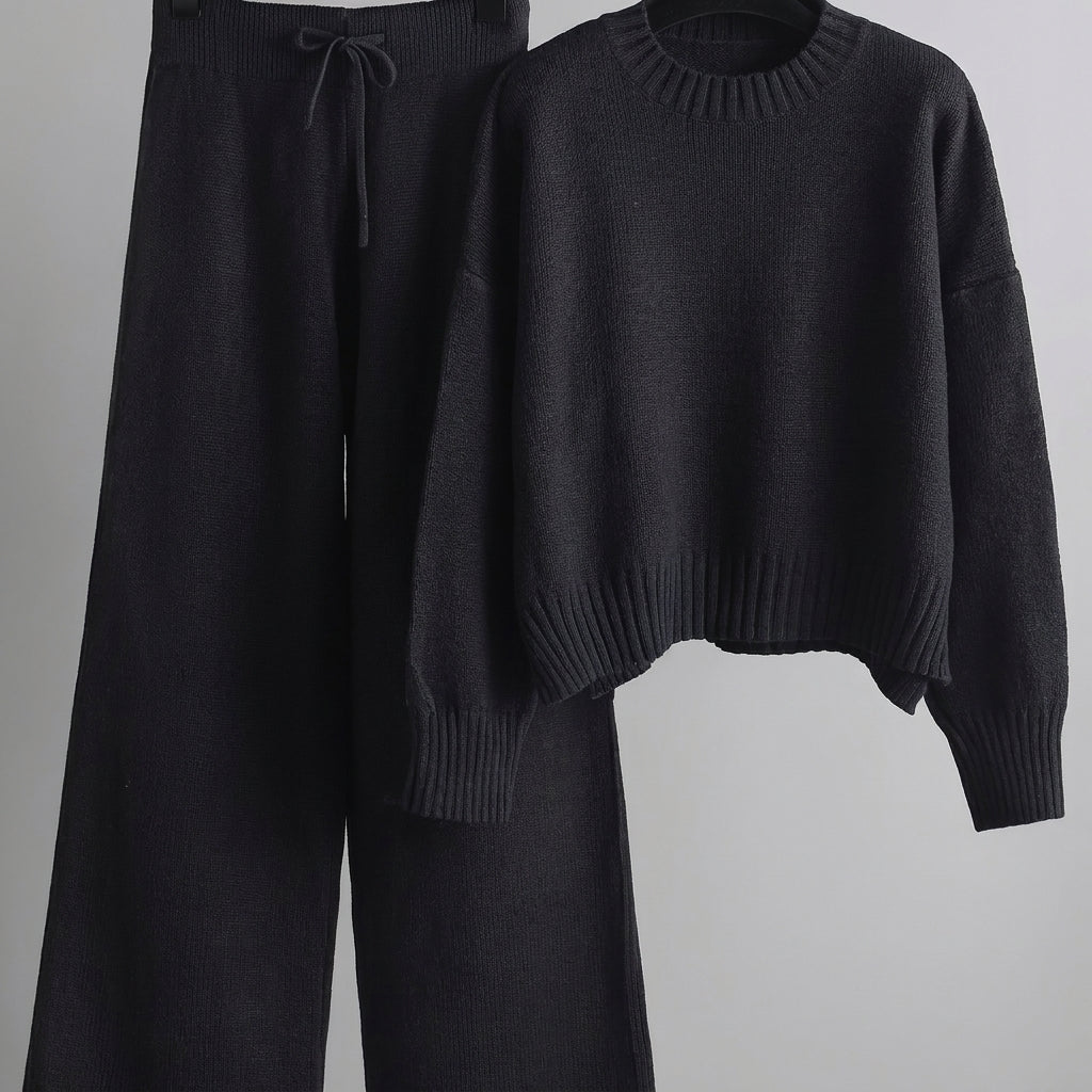 Nora - Women's Boxy Crew Neck Sweater and Wide-Leg Knit Pants Set - Loungewear Sets - Black - Sarvento