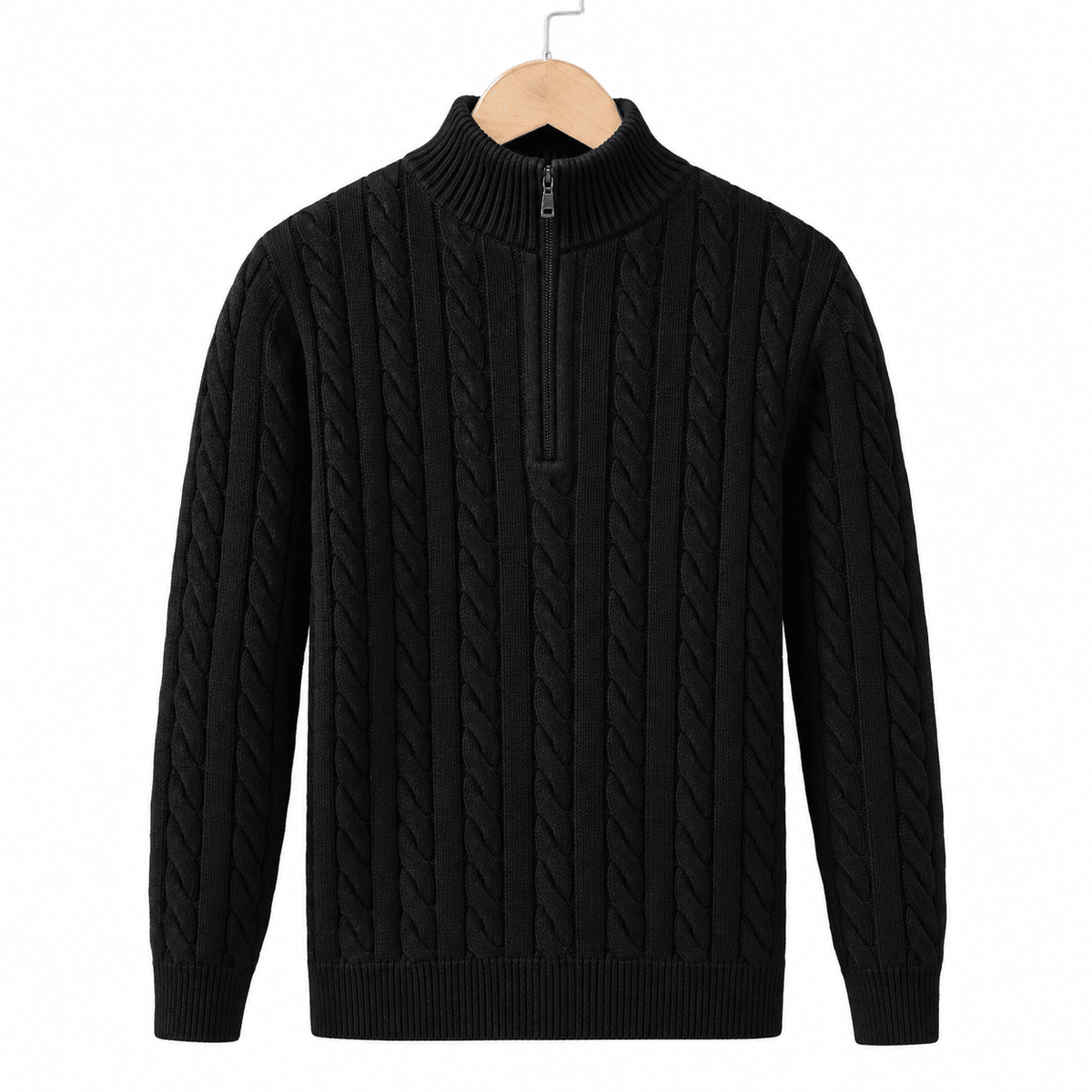 Oliver - Men's Cable Knit Quarter Zip Sweater with Ribbed Collar - Sweaters - Black - Sarvento