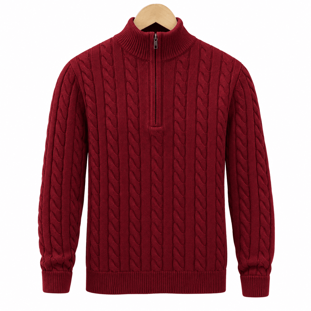 Oliver - Men's Cable Knit Quarter Zip Sweater with Ribbed Collar - Sweaters - Burgundy - Sarvento