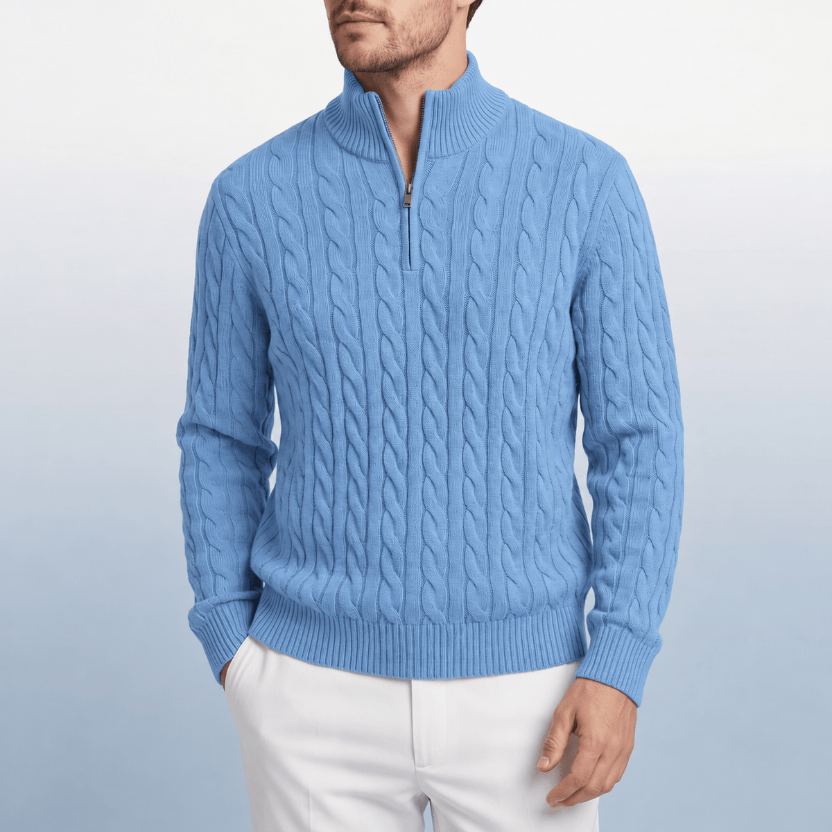 Oliver - Men's Cable Knit Quarter Zip Sweater with Ribbed Collar - Sweaters - Light Blue - Sarvento
