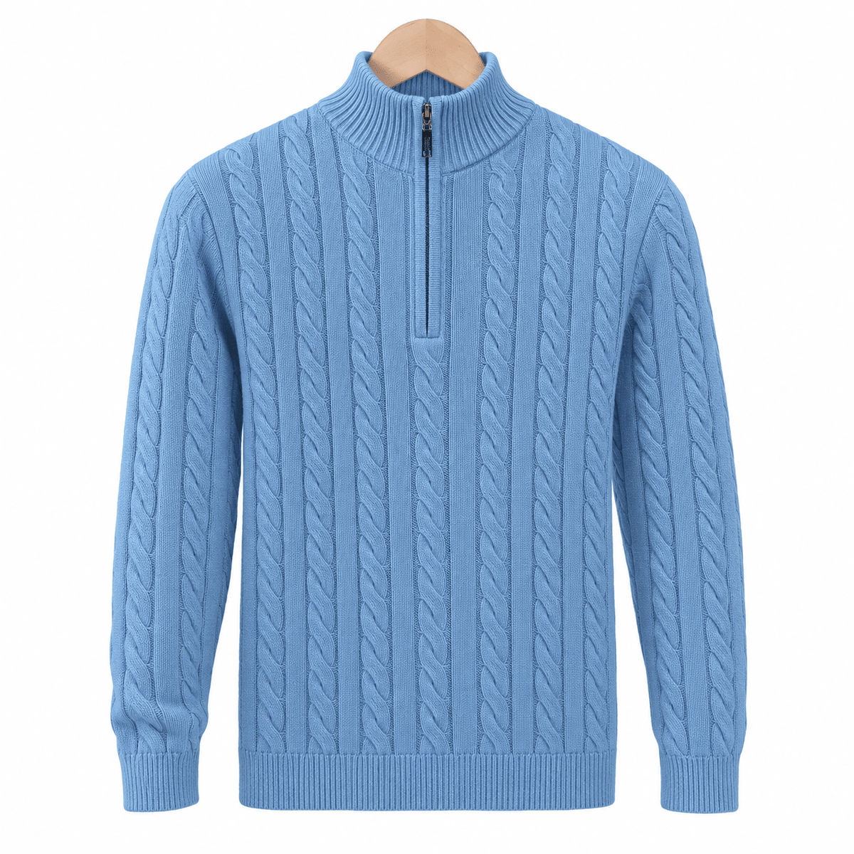 Oliver - Men's Cable Knit Quarter Zip Sweater with Ribbed Collar - Sweaters - Light Blue - Sarvento