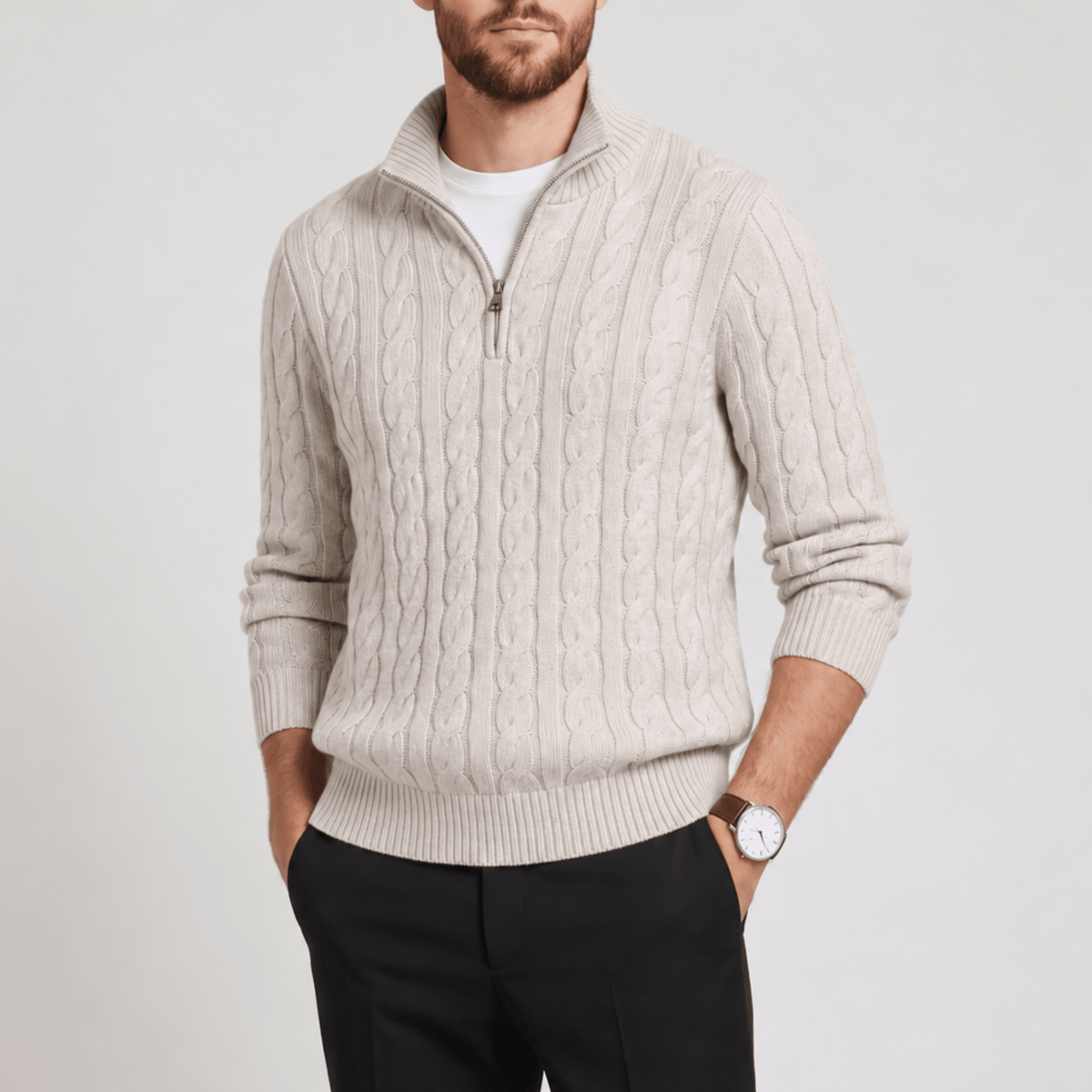 Oliver - Men's Cable Knit Quarter Zip Sweater with Ribbed Collar - Sweaters - Beige - Sarvento