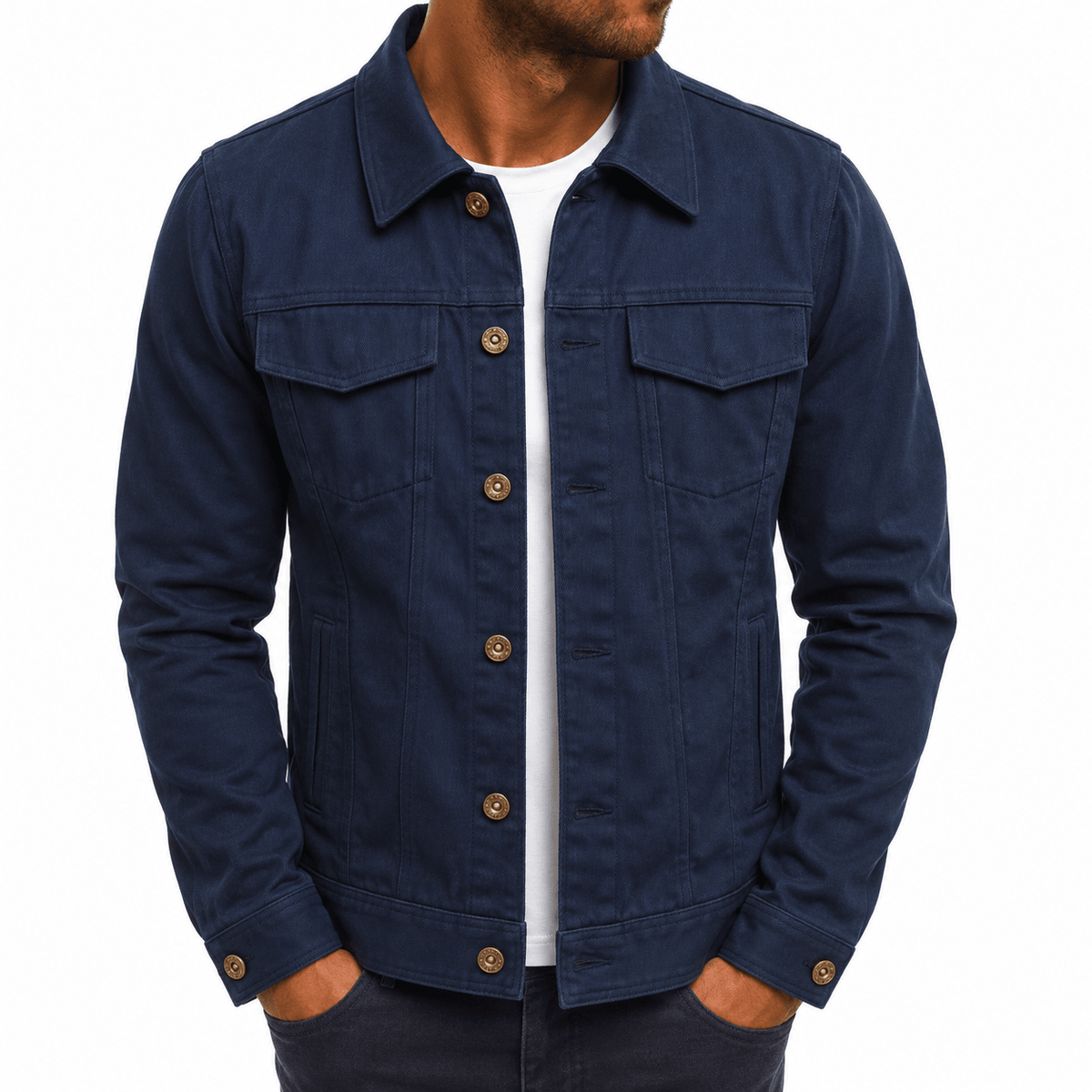 Oliver - Men's Classic Collared Button-Front Trucker Jacket with Chest Pockets - Coats & Jackets - Dark Blue - Sarvento