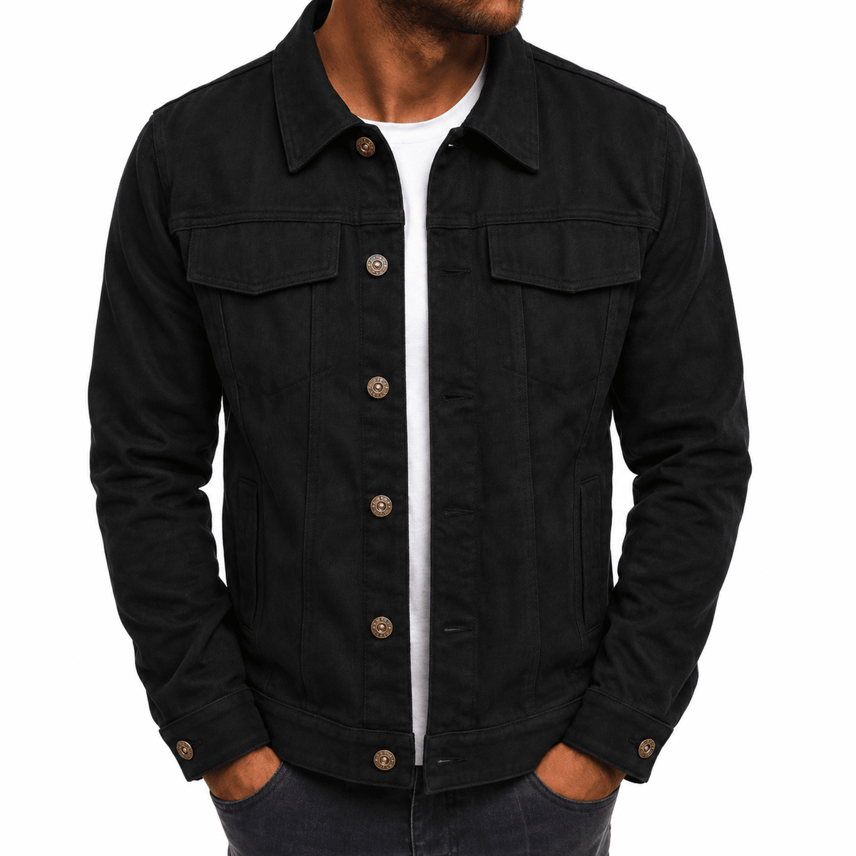 Oliver - Men's Classic Collared Button-Front Trucker Jacket with Chest Pockets - Coats & Jackets - Black - Sarvento
