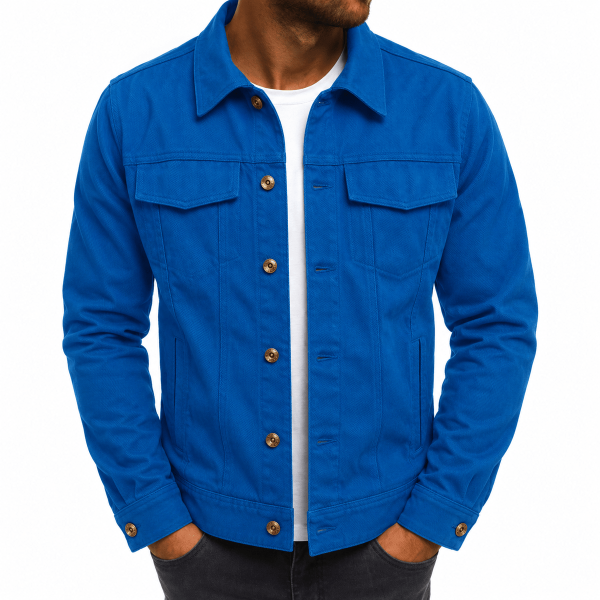 Oliver - Men's Classic Collared Button-Front Trucker Jacket with Chest Pockets - Coats & Jackets - Blue - Sarvento