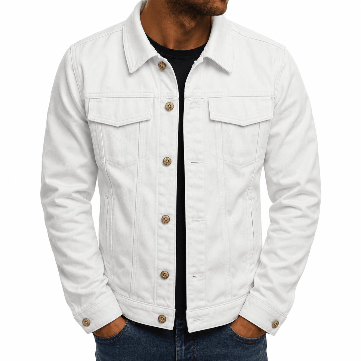 Oliver - Men's Classic Collared Button-Front Trucker Jacket with Chest Pockets - Coats & Jackets - White - Sarvento