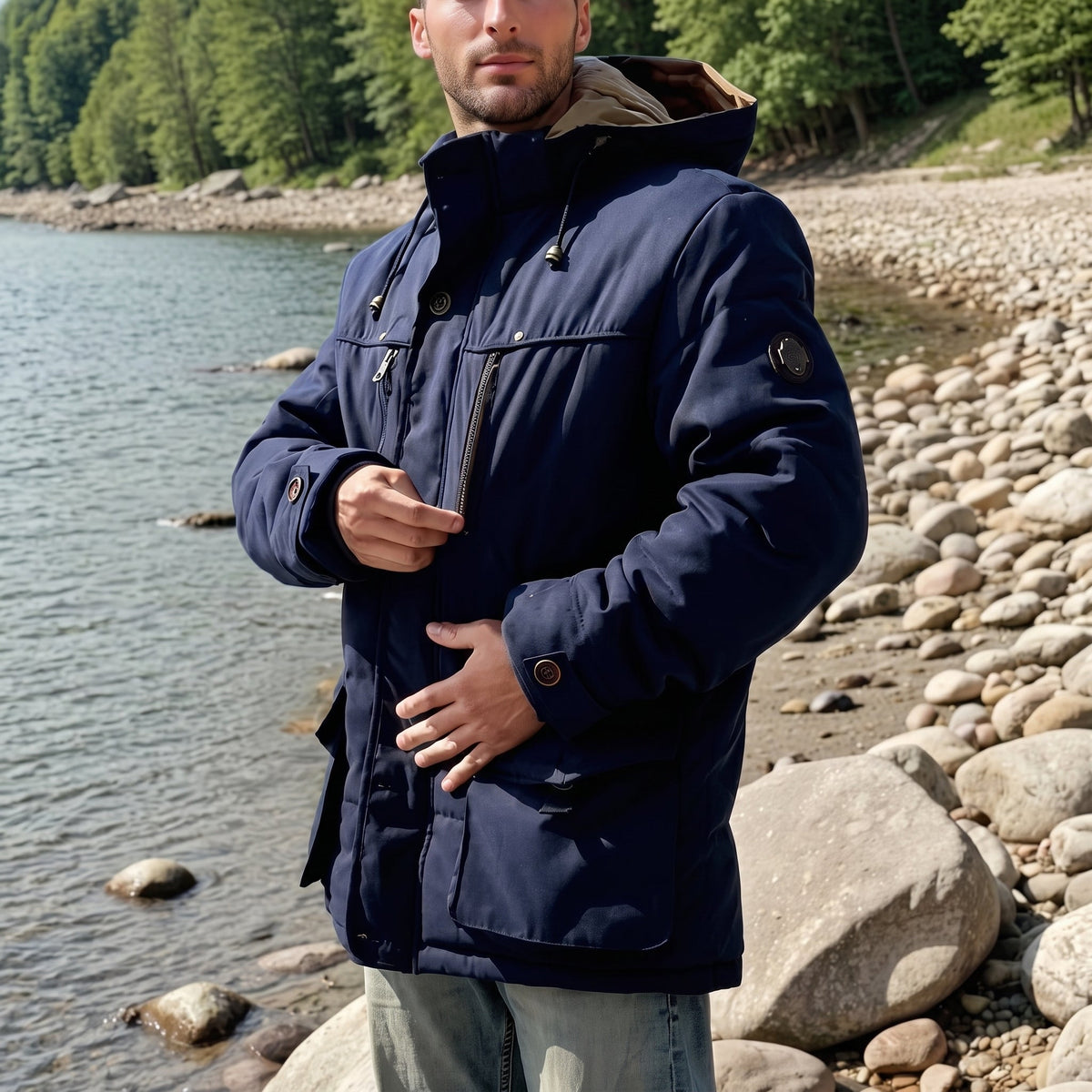 Oliver - Men's Hooded Faux Fur Lined Parka Jacket with Multi-Zip Pockets - Parka Jackets - Navy - Sarvento