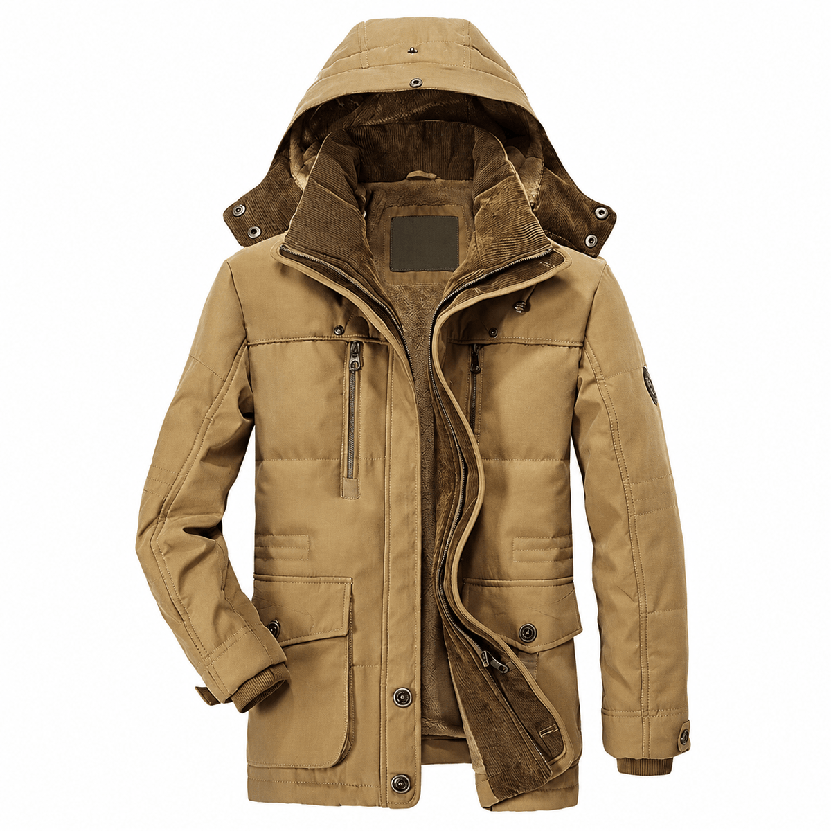 Oliver - Men's Hooded Faux Fur Lined Parka Jacket with Multi-Zip Pockets - Parka Jackets - Beige - Sarvento