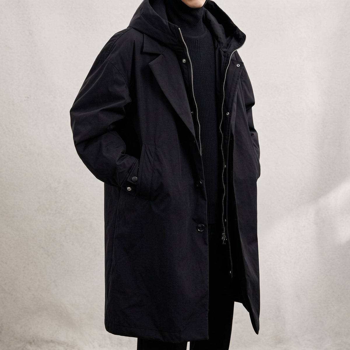 Oliver - Men's Hooded Longline Zip-Up Trench Coat with Notch Lapel - Trench Coats - Black - Sarvento