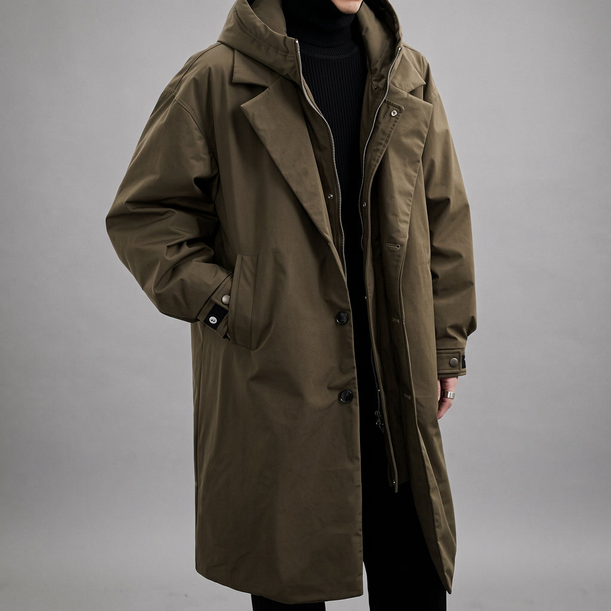 Oliver - Men's Hooded Longline Zip-Up Trench Coat with Notch Lapel - Trench Coats - Green - Sarvento