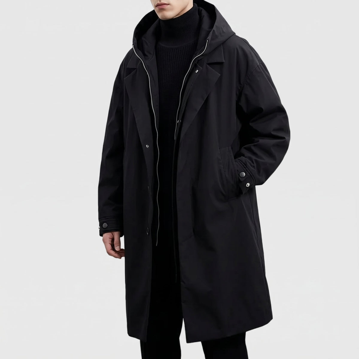 Oliver - Men's Hooded Longline Zip-Up Trench Coat with Notch Lapel - Trench Coats - Black - Sarvento