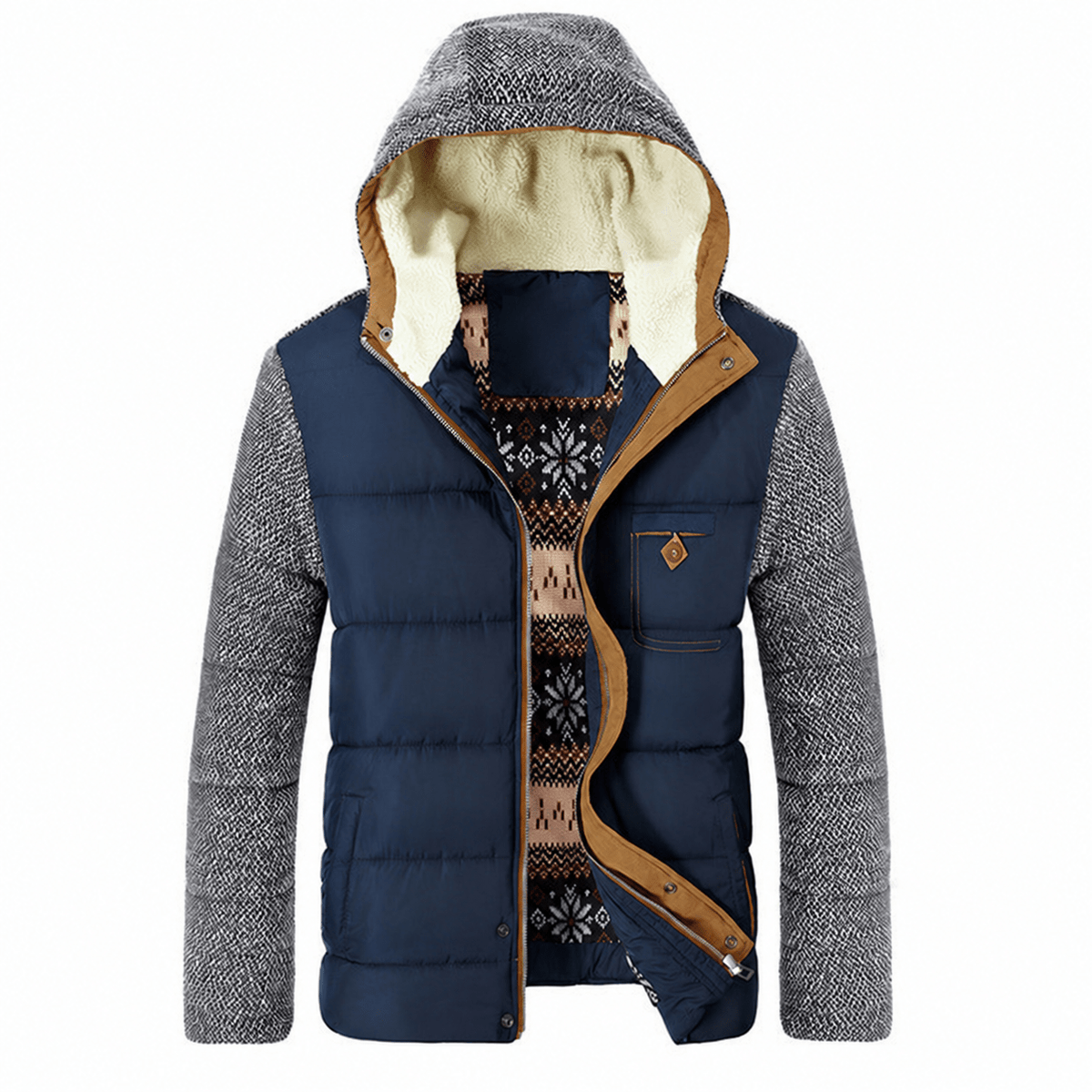 Oliver - Men's Hooded Quilted Knit Sleeve Puffer Jacket - Puffer Jackets - Navy Blue - Sarvento