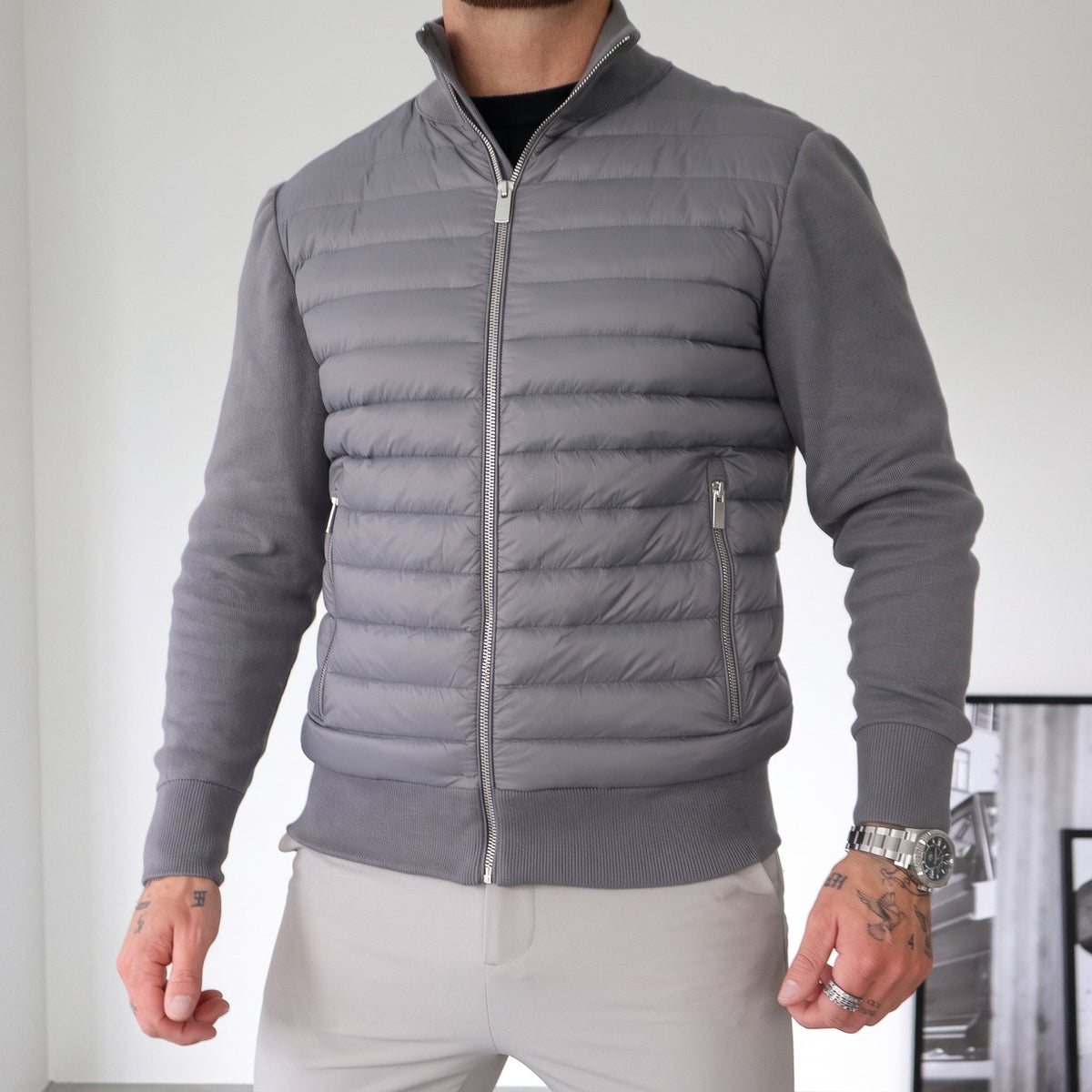 Oliver - Men's Knitted Sleeves Quilted Puffer Jacket - Puffer Jackets - Gray - Sarvento