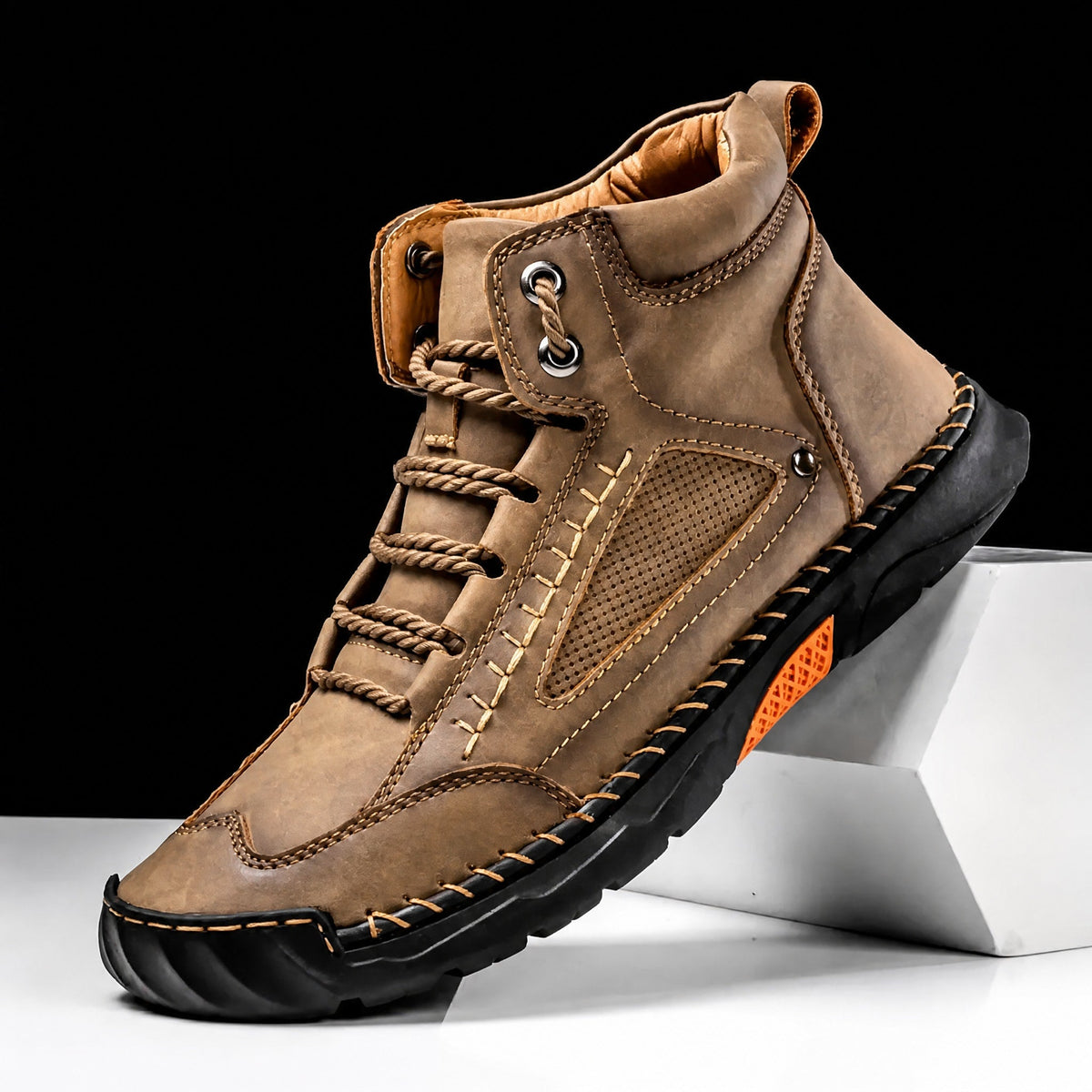 Oliver - Men's Lace-Up Ankle Boots with Stitched Detail and Rugged Sole - Boots - Khaki - Sarvento