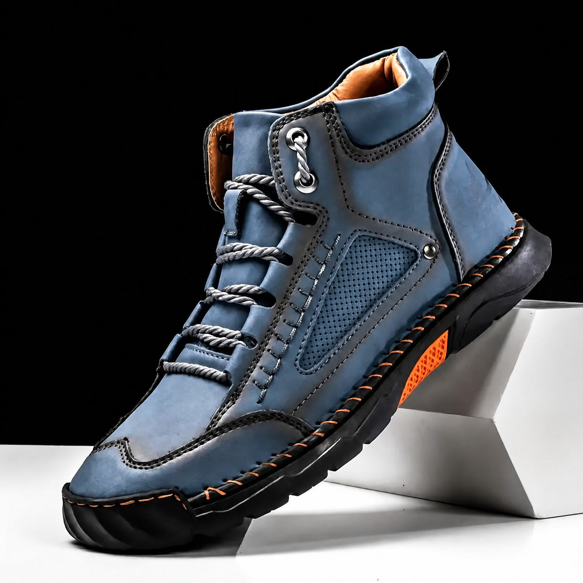 Oliver - Men's Lace-Up Ankle Boots with Stitched Detail and Rugged Sole - Boots - Blue - Sarvento