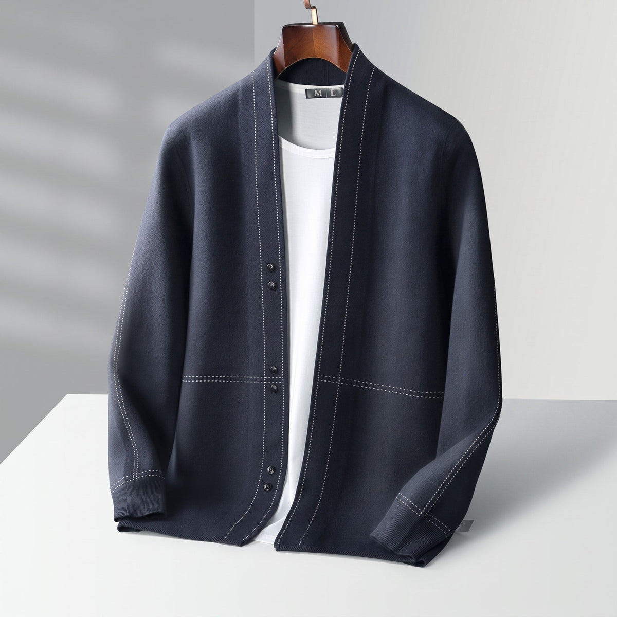 Oliver - Men's Lightweight Open Front Contrast Stitch Knitted Cardigan - Cardigans - Blue - Sarvento