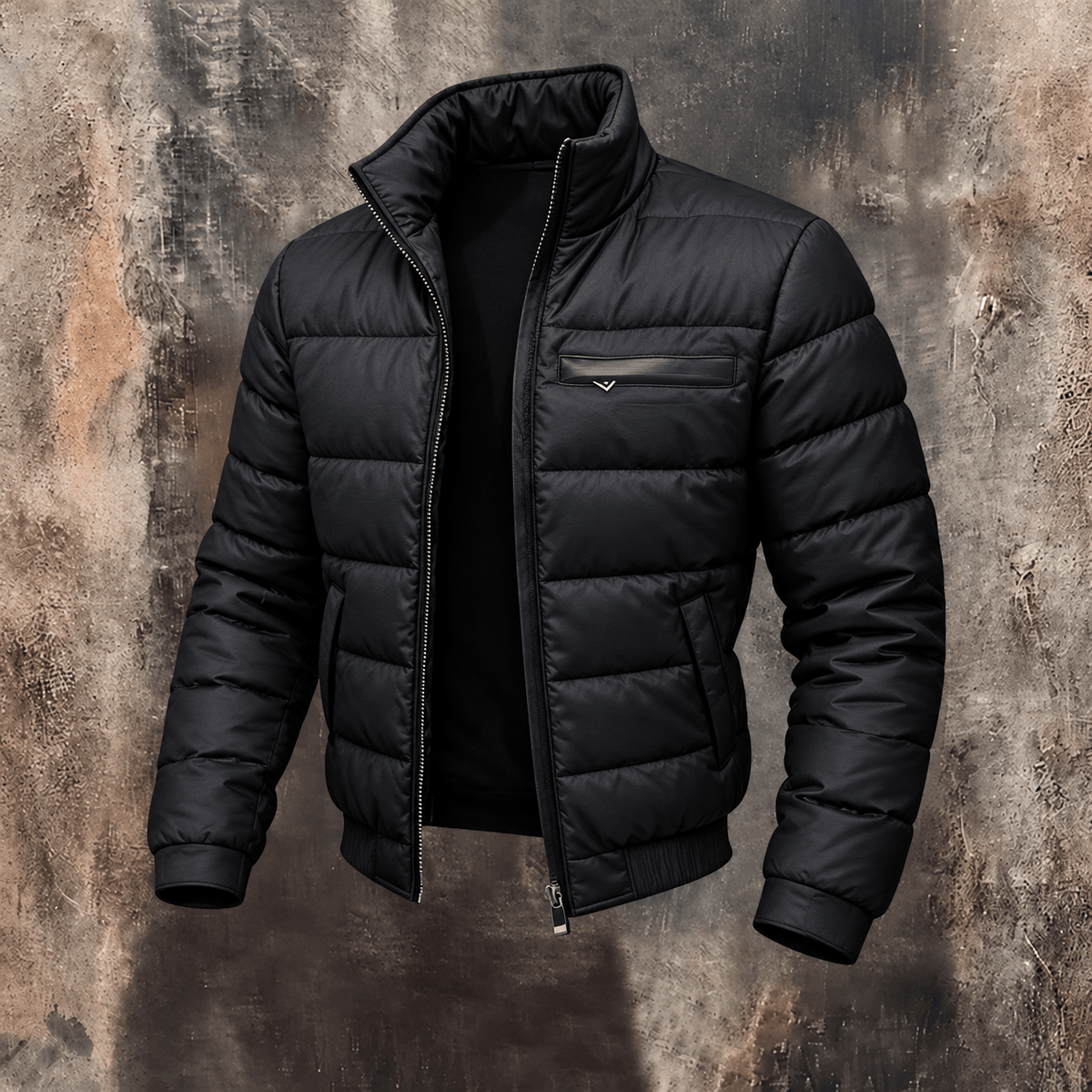 Oliver - Men's Quilted Puffer Jacket with Stand Collar and Zip Chest Pocket - Puffer Jackets - Black - Sarvento