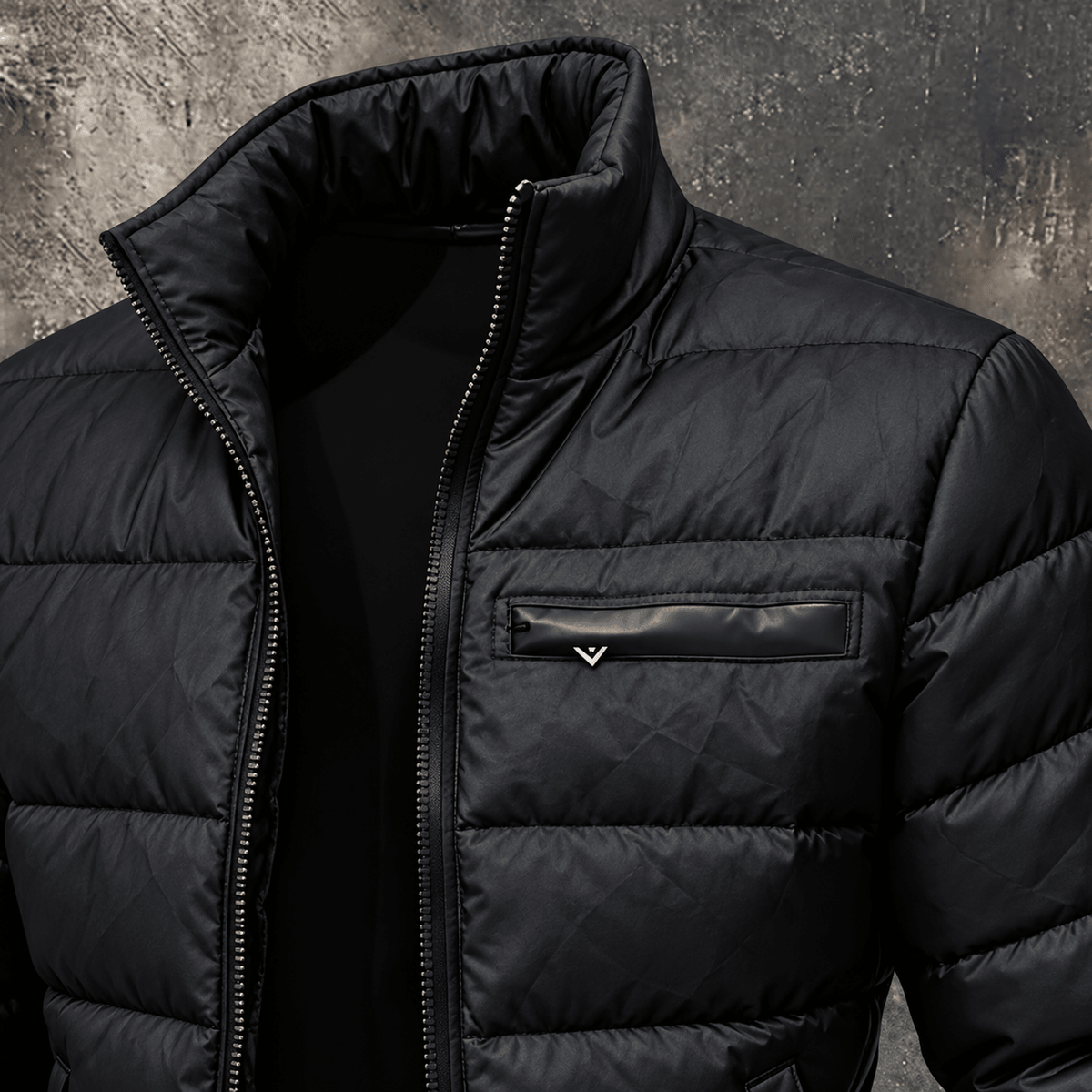 Oliver - Men's Quilted Puffer Jacket with Stand Collar and Zip Chest Pocket - Puffer Jackets - Black - Sarvento
