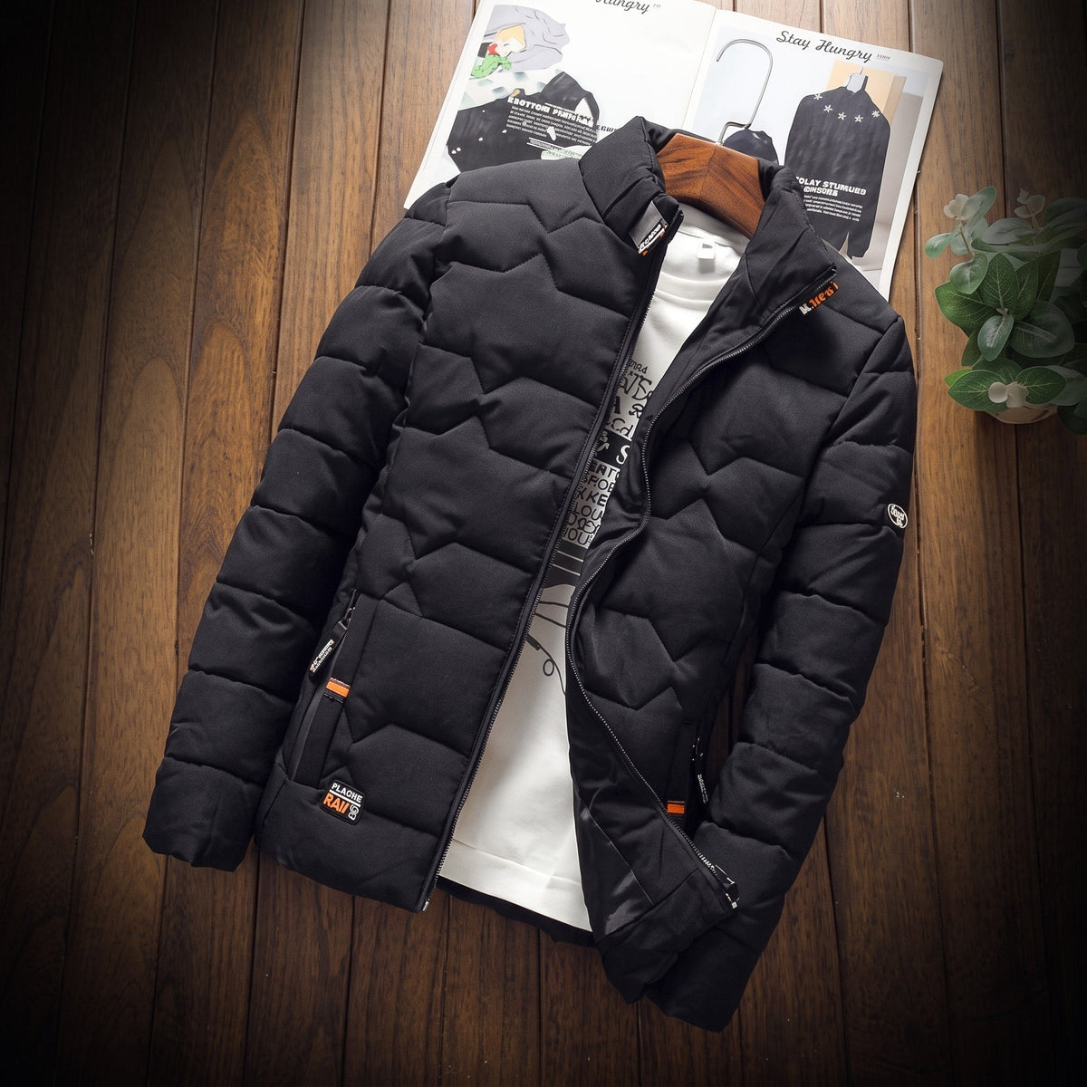 Oliver - Men's Quilted Puffer Jacket with Stand Collar and Zip Pockets - Puffer Jacket - Black - Sarvento