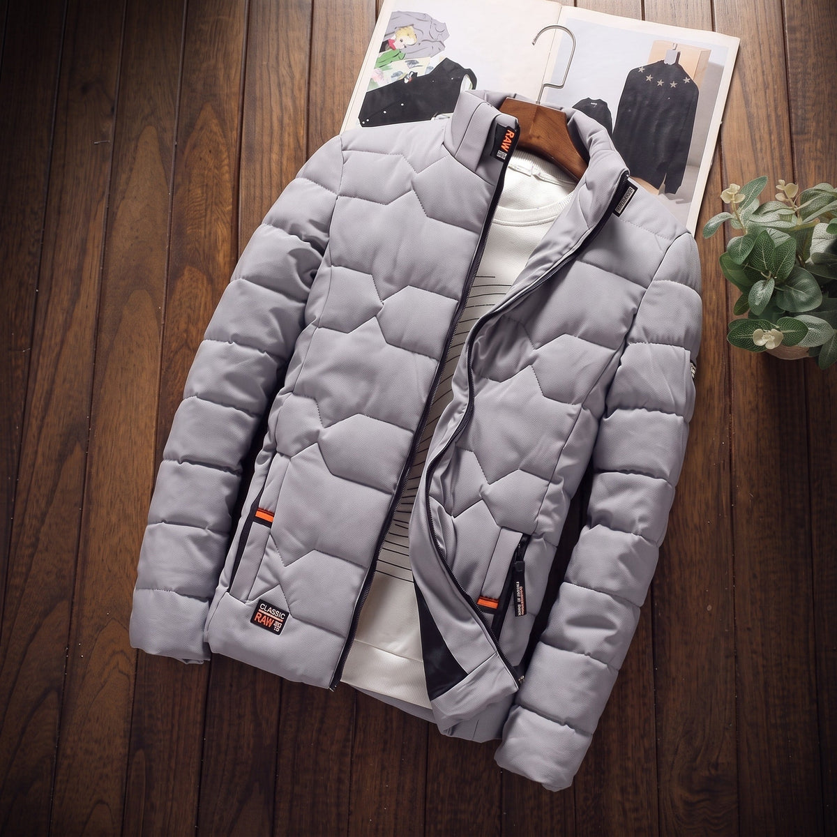Oliver - Men's Quilted Puffer Jacket with Stand Collar and Zip Pockets - Puffer Jacket - Gray - Sarvento