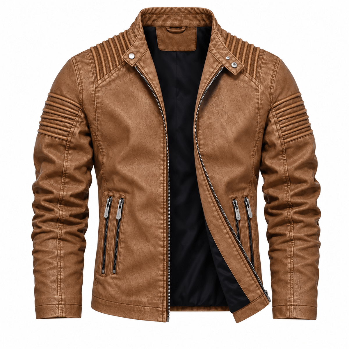 Oliver - Men's Quilted Shoulder Biker Jacket with Zip Pockets - Motorcycle Outerwear - Brown - Sarvento
