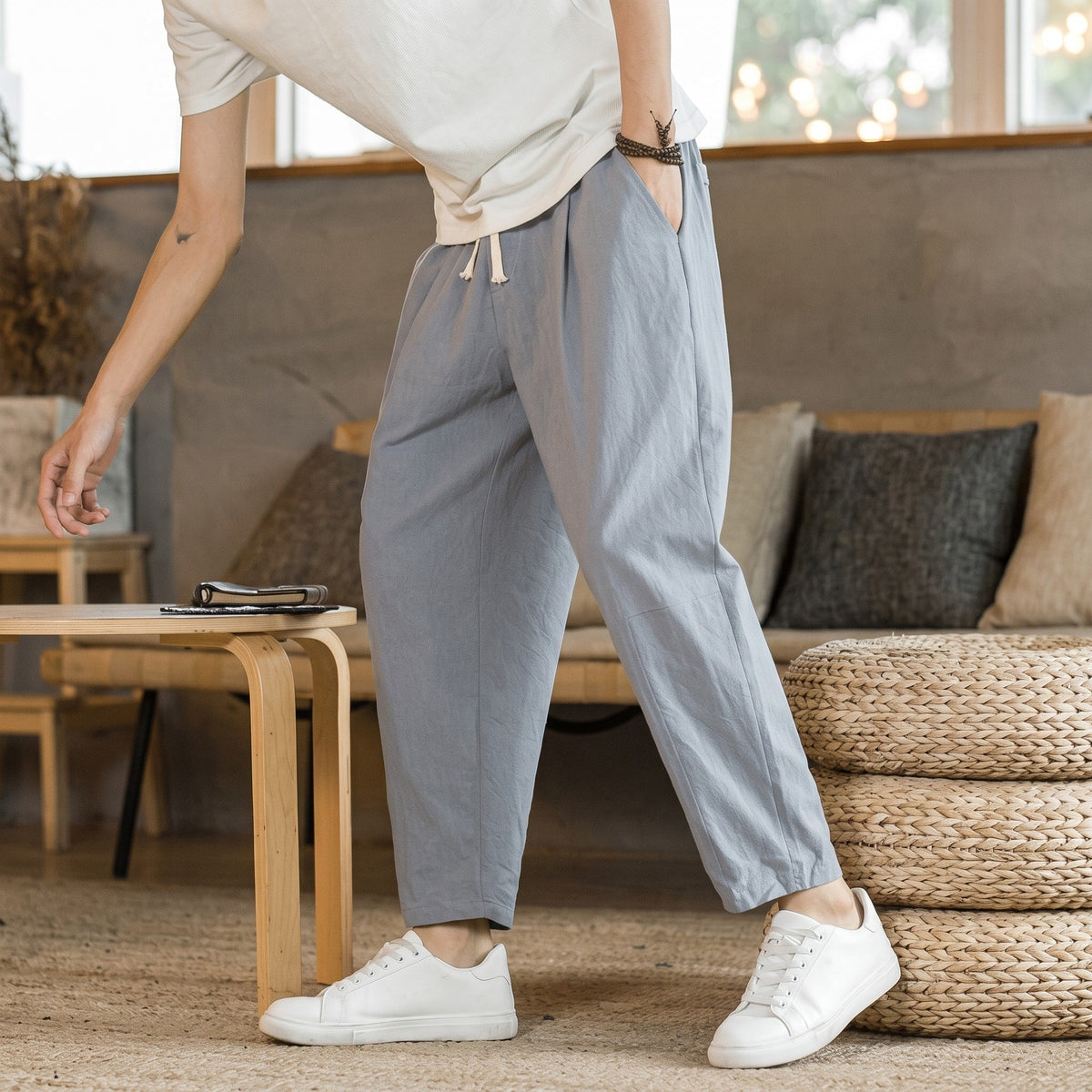 Oliver - Men's Relaxed Fit Elastic Waist Ankle-Length Trousers - Trousers - Gray - Sarvento