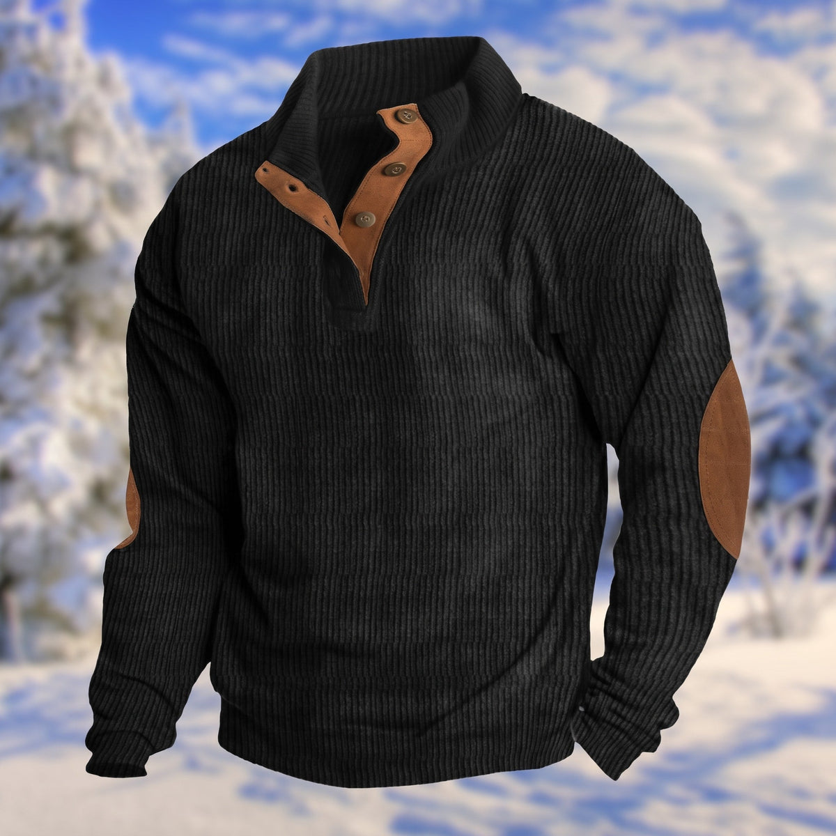 Oliver – Men’s Ribbed Henley Sweater with Button Placket and Elbow Patches - Sweater - Black - Sarvento