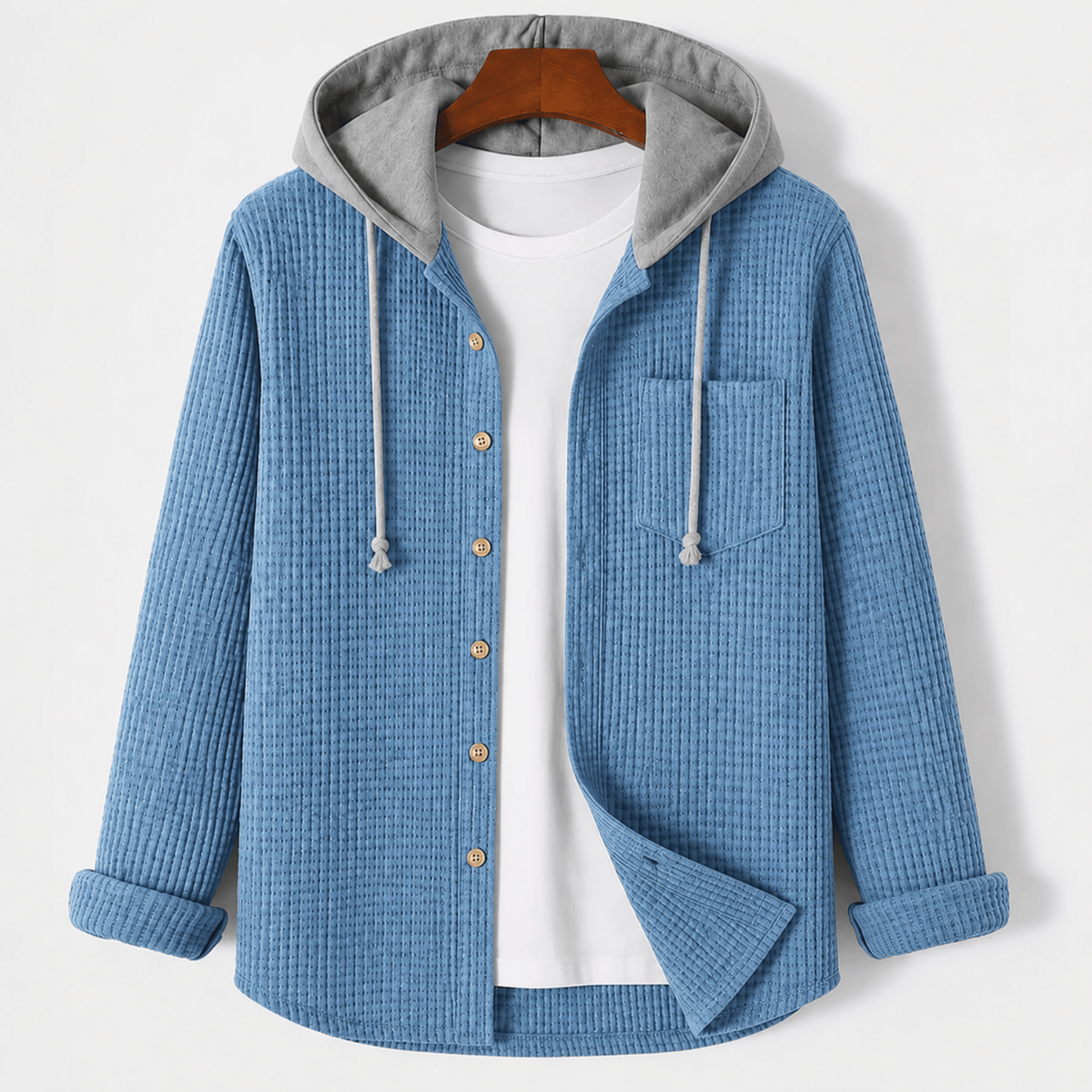 Oliver - Men's Ribbed Hooded Jacket with Button-Up Front - Hoodies - Blue - Parker&Brooks