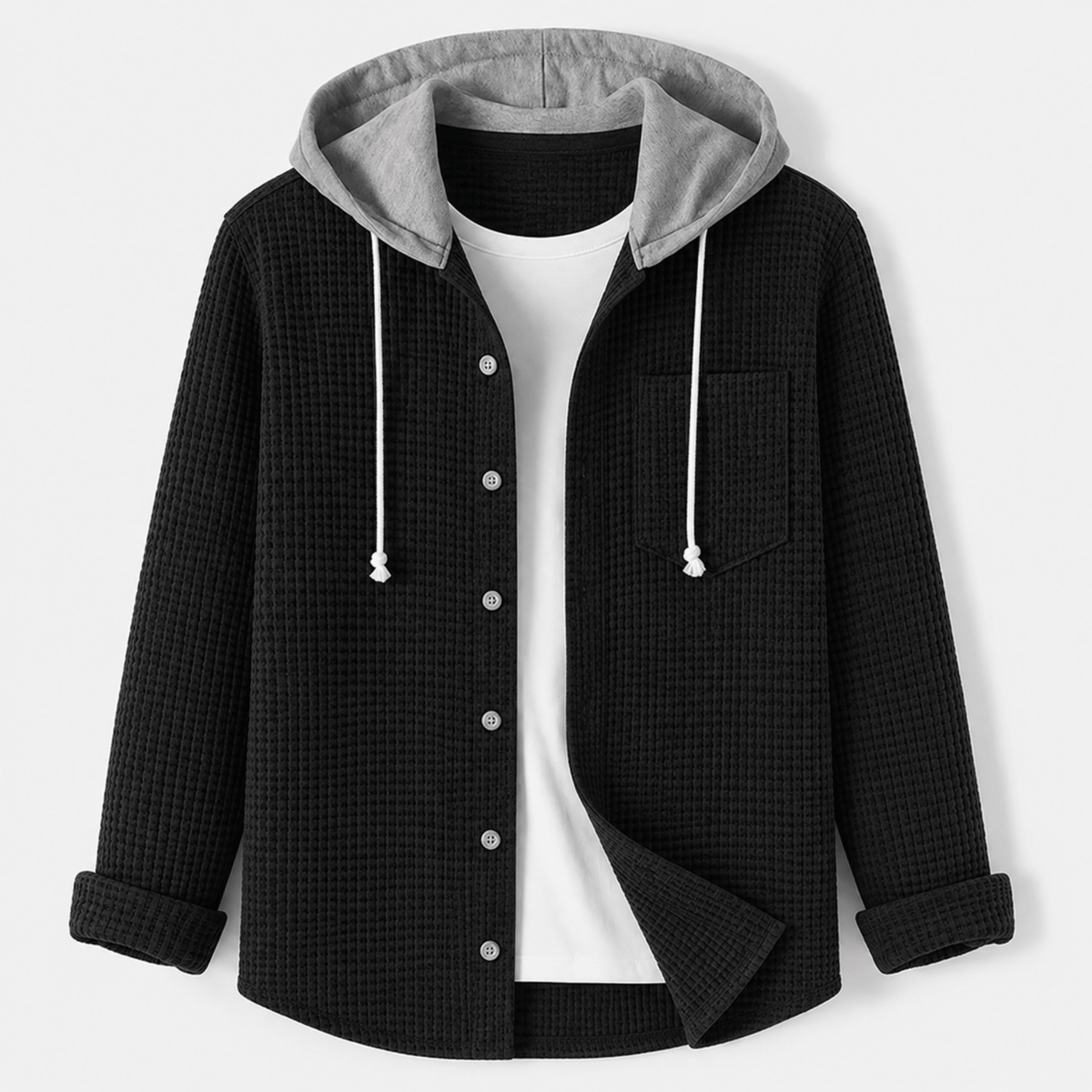 Oliver - Men's Ribbed Hooded Jacket with Button-Up Front - Hoodies - Black - Parker&Brooks