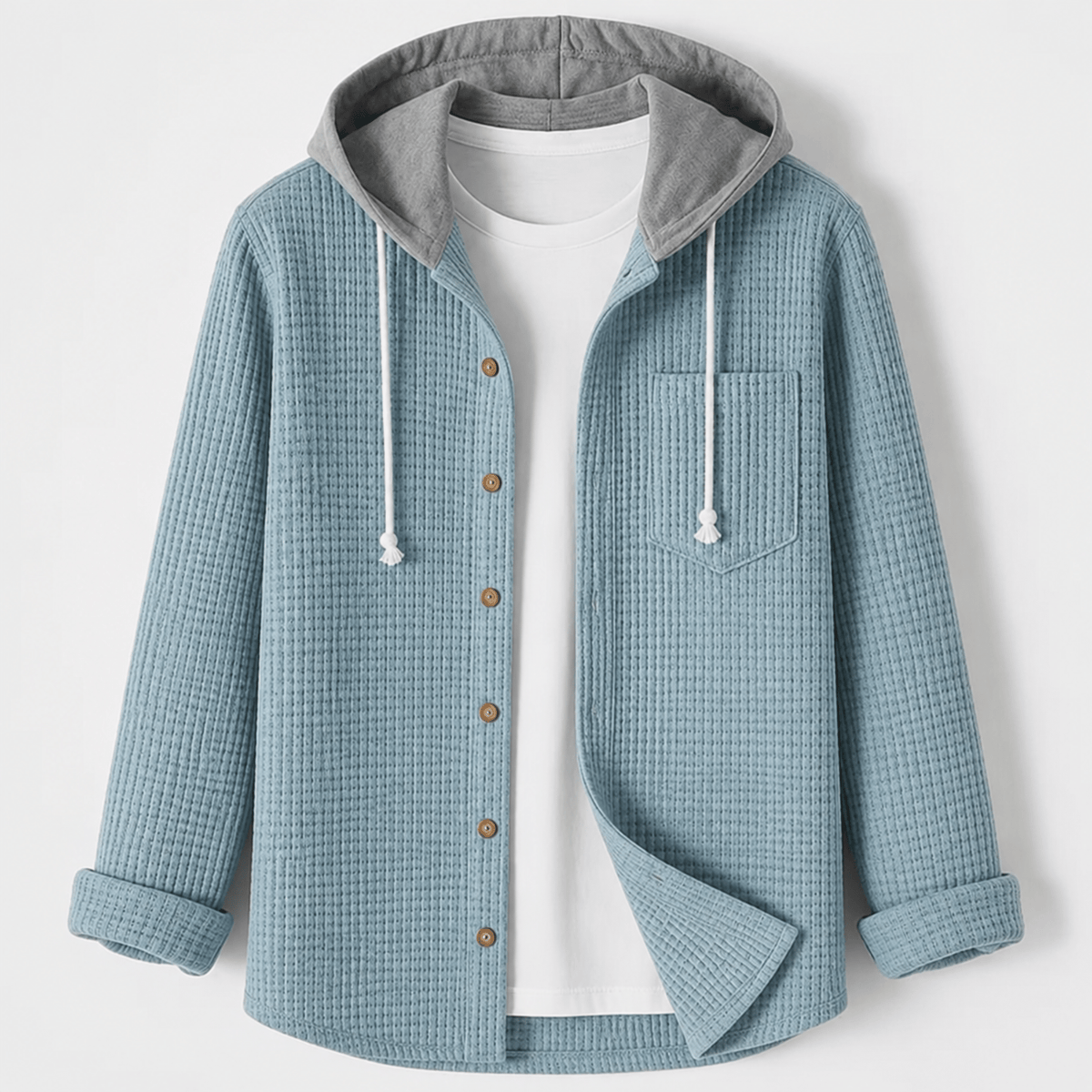 Oliver - Men's Ribbed Hooded Jacket with Button-Up Front - Hoodies - Light Blue - Parker&Brooks