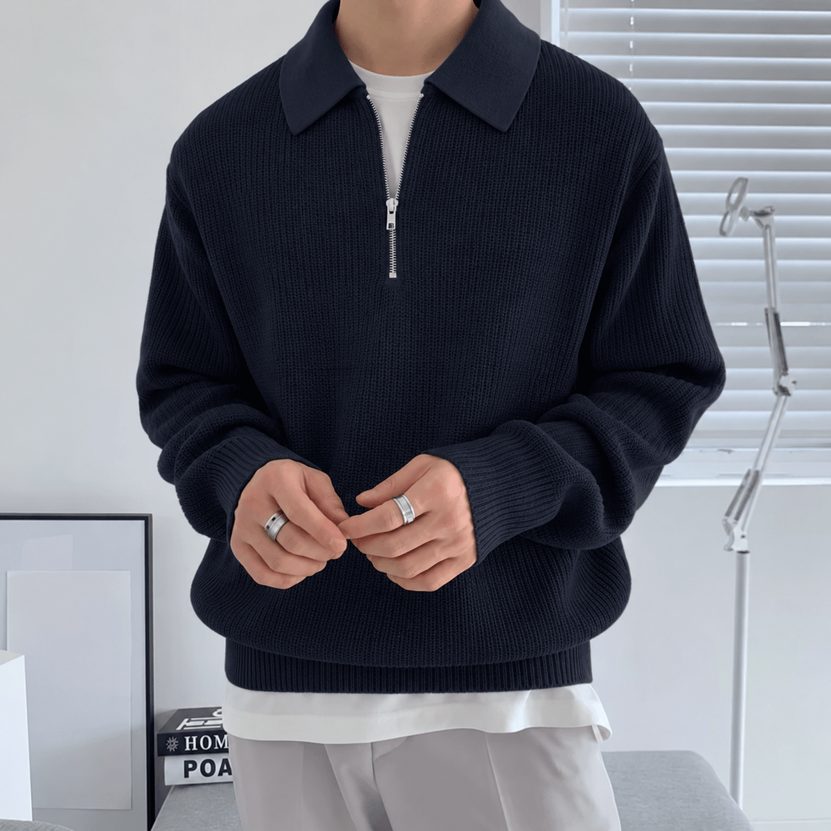Oliver – Men’s Ribbed Quarter-Zip Polo Sweater - Sweaters - Black - Sarvento