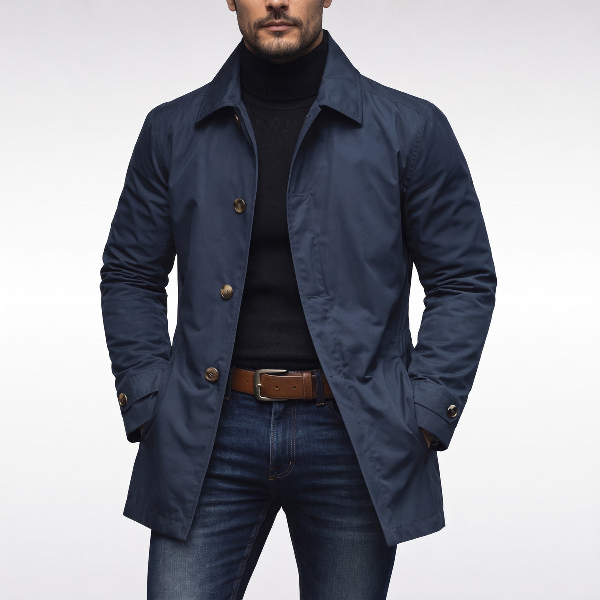 Oliver - Men's Single-Breasted Mac Coat with Classic Collar and Buttoned Cuffs - Coats & Jackets - Navy Blue - Sarvento