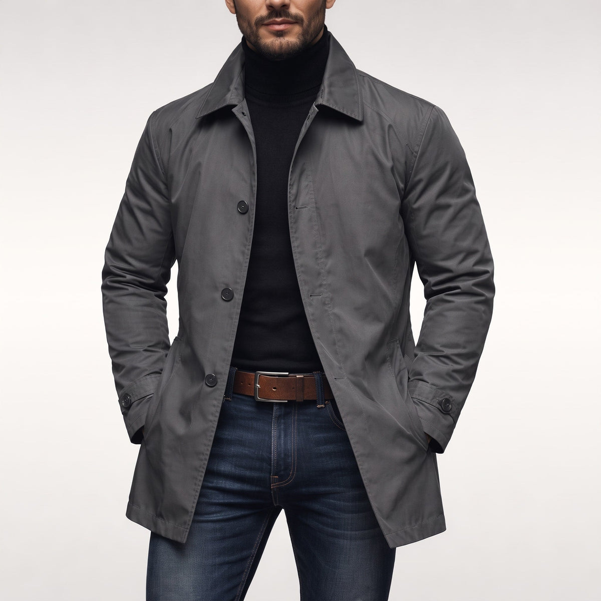 Oliver - Men's Single-Breasted Mac Coat with Classic Collar and Buttoned Cuffs - Coats & Jackets - Black - Sarvento