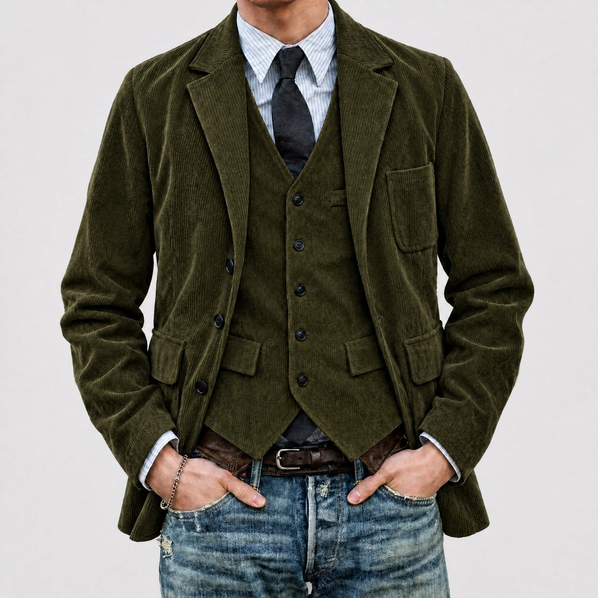 Oliver - Men's Tailored Notch Lapel Jacket with Waistcoat Set - Blazers - Army Green - Parker&Brooks