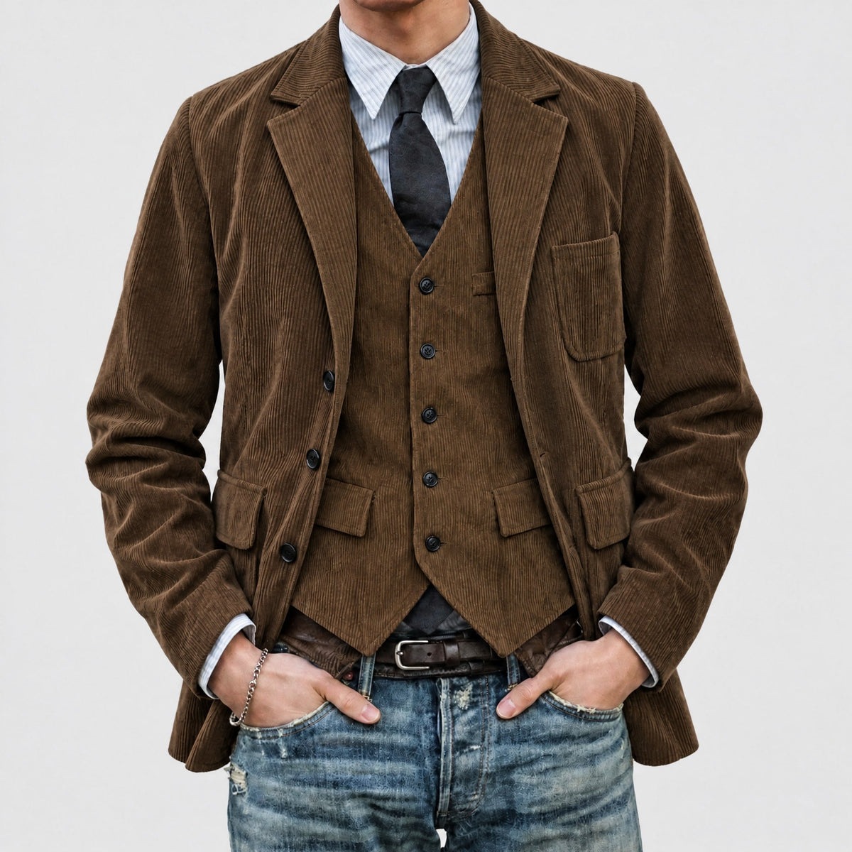 Oliver - Men's Tailored Notch Lapel Jacket with Waistcoat Set - Blazers - Brown - Parker&Brooks