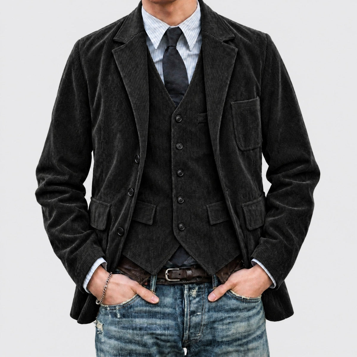 Oliver - Men's Tailored Notch Lapel Jacket with Waistcoat Set - Blazers - Black - Parker&Brooks