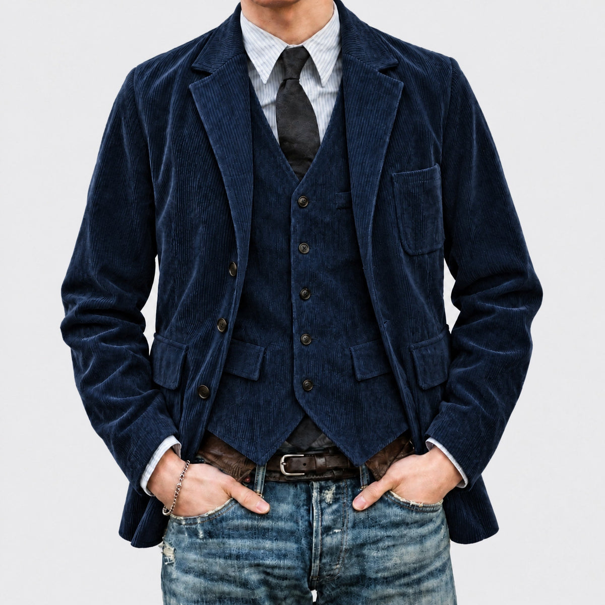 Oliver - Men's Tailored Notch Lapel Jacket with Waistcoat Set - Blazers - Navy Blue - Parker&Brooks