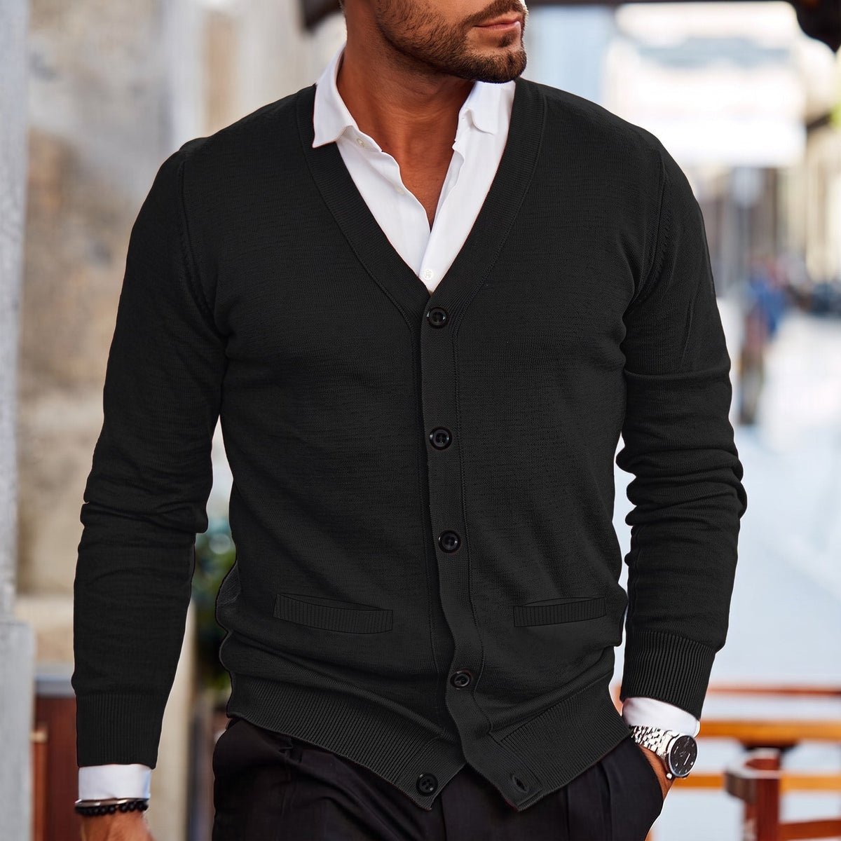 Oliver - Men's V-Neck Button-Up Knit Cardigan - Cardigans - Black - Sarvento