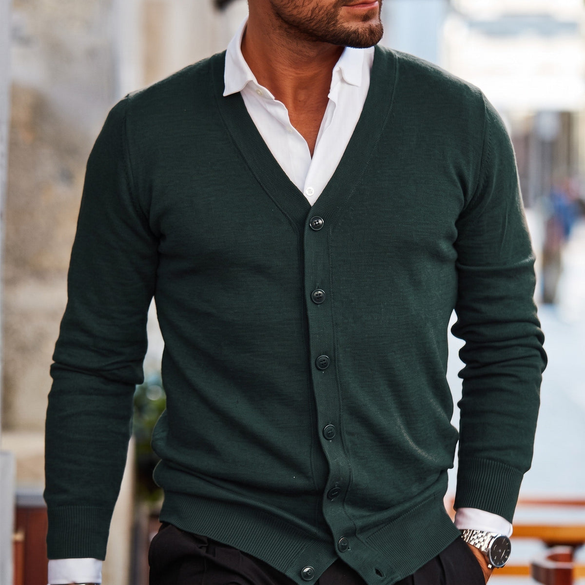 Oliver - Men's V-Neck Button-Up Knit Cardigan - Cardigans - Dark Green - Sarvento