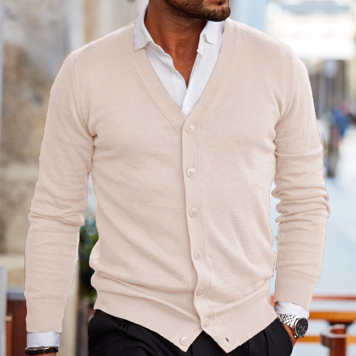 Oliver - Men's V-Neck Button-Up Knit Cardigan - Cardigans - White - Sarvento
