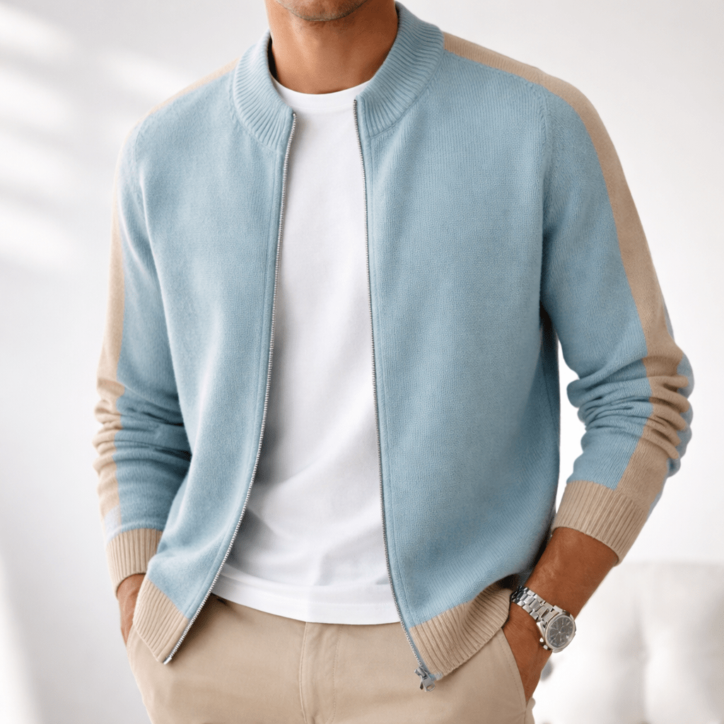Oliver - Men's Zip-Up Contrast Trim Mock Neck Sweater Jacket - Sweaters - Light Blue - Sarvento