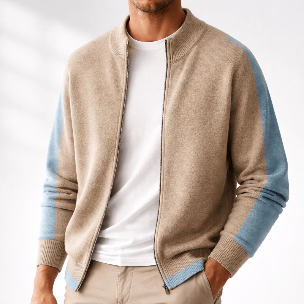 Oliver - Men's Zip-Up Contrast Trim Mock Neck Sweater Jacket - Sweaters - Khaki - Sarvento