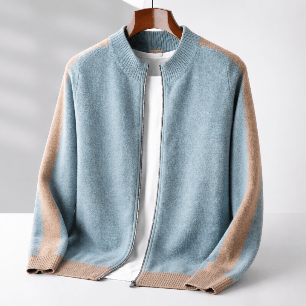 Oliver - Men's Zip-Up Contrast Trim Mock Neck Sweater Jacket - Sweaters - Light Blue - Sarvento