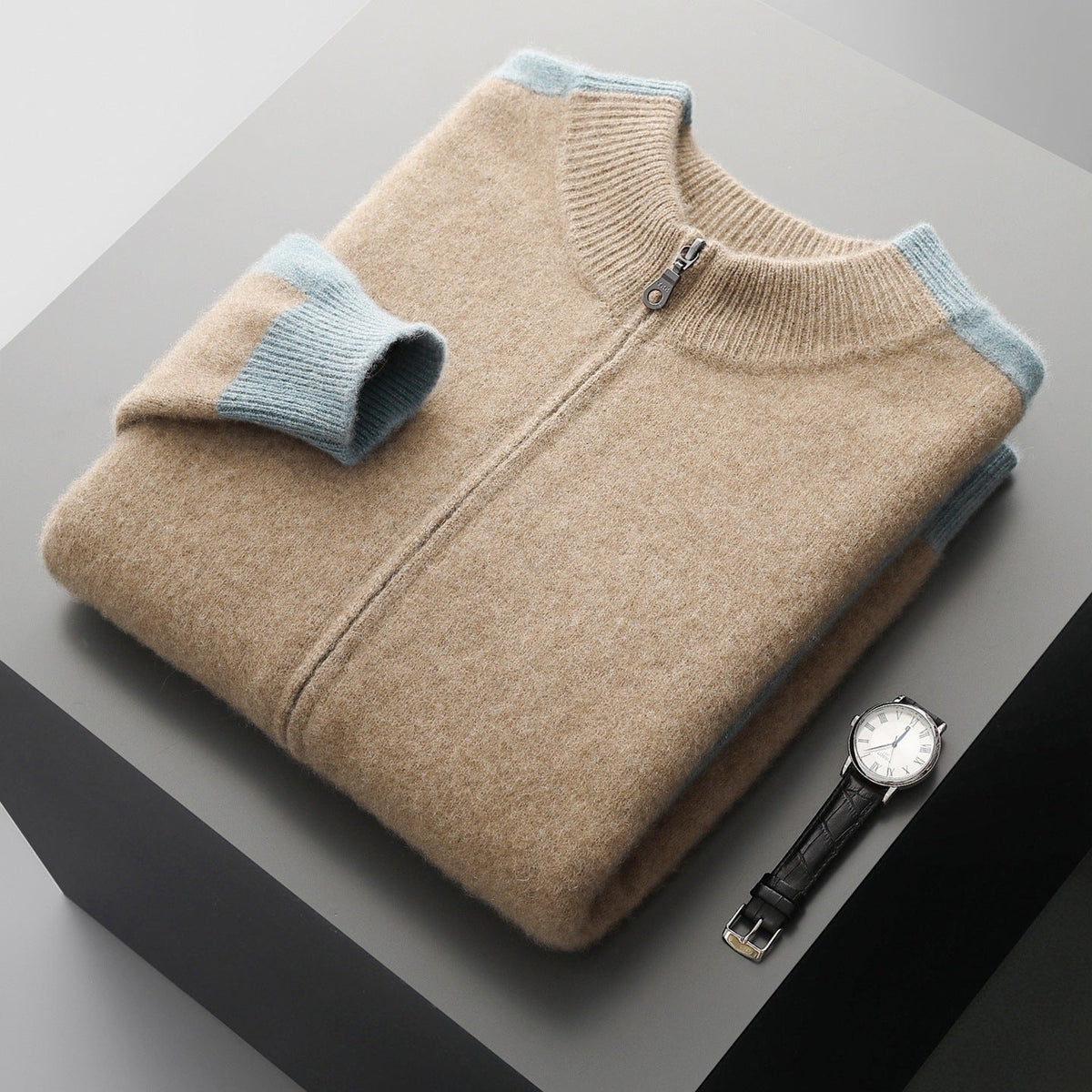 Oliver - Men's Zip-Up Contrast Trim Mock Neck Sweater Jacket - Sweaters - Khaki - Sarvento