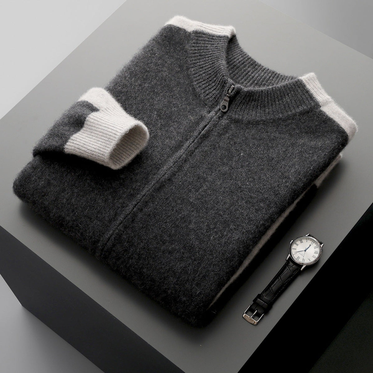 Oliver - Men's Zip-Up Contrast Trim Mock Neck Sweater Jacket - Sweaters - Gray - Sarvento