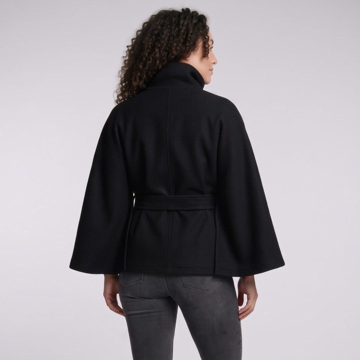 Olivia - Women's Belted Wrap Jacket with Stand Collar and Cape Sleeves - Capes - Black - Sarvento